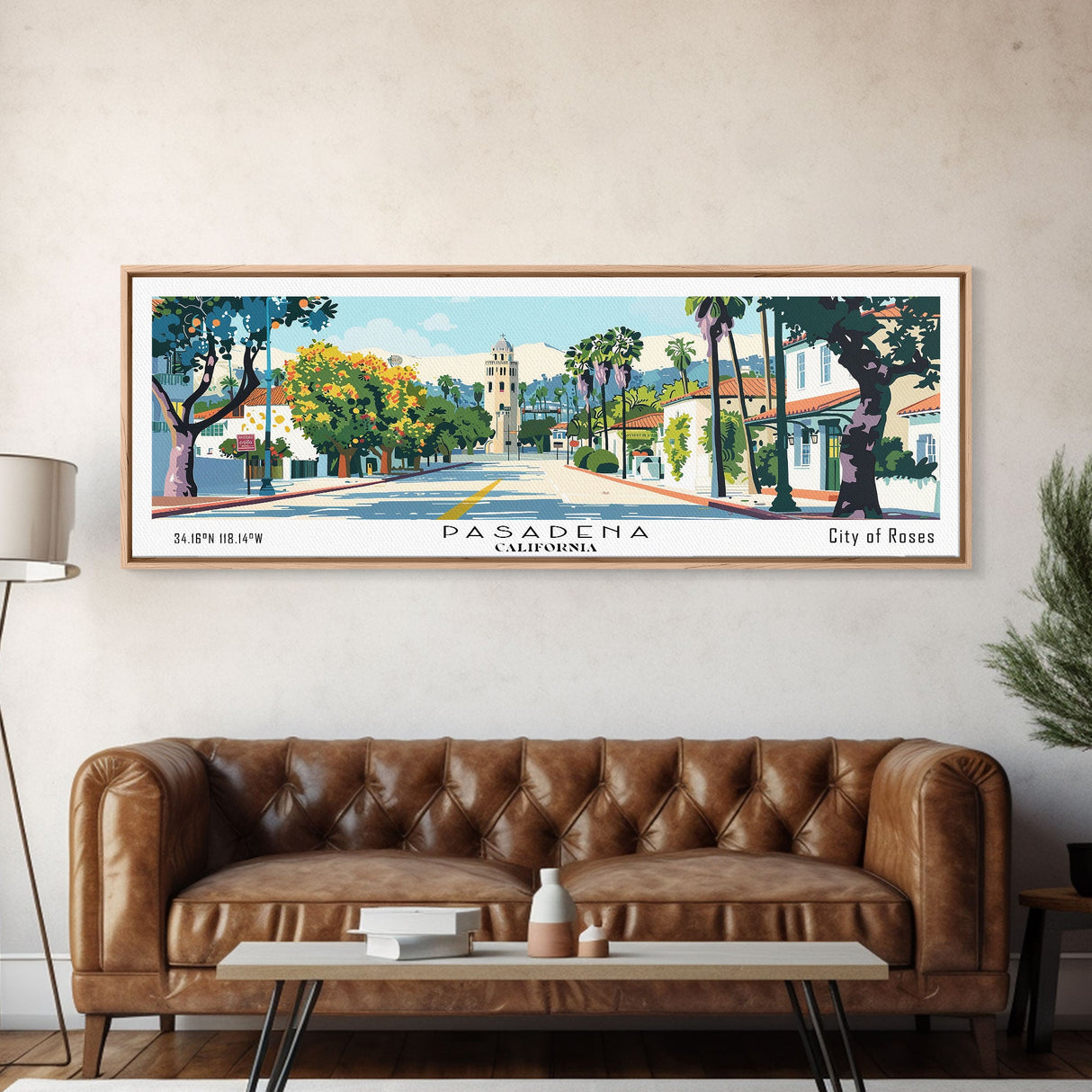 Pasadena California Panoramic Painting, Mid Century Modern Framed Canvas Print, Retro Pop Art Travel Poster, City Art, Office Wall Decor, Living Room Art