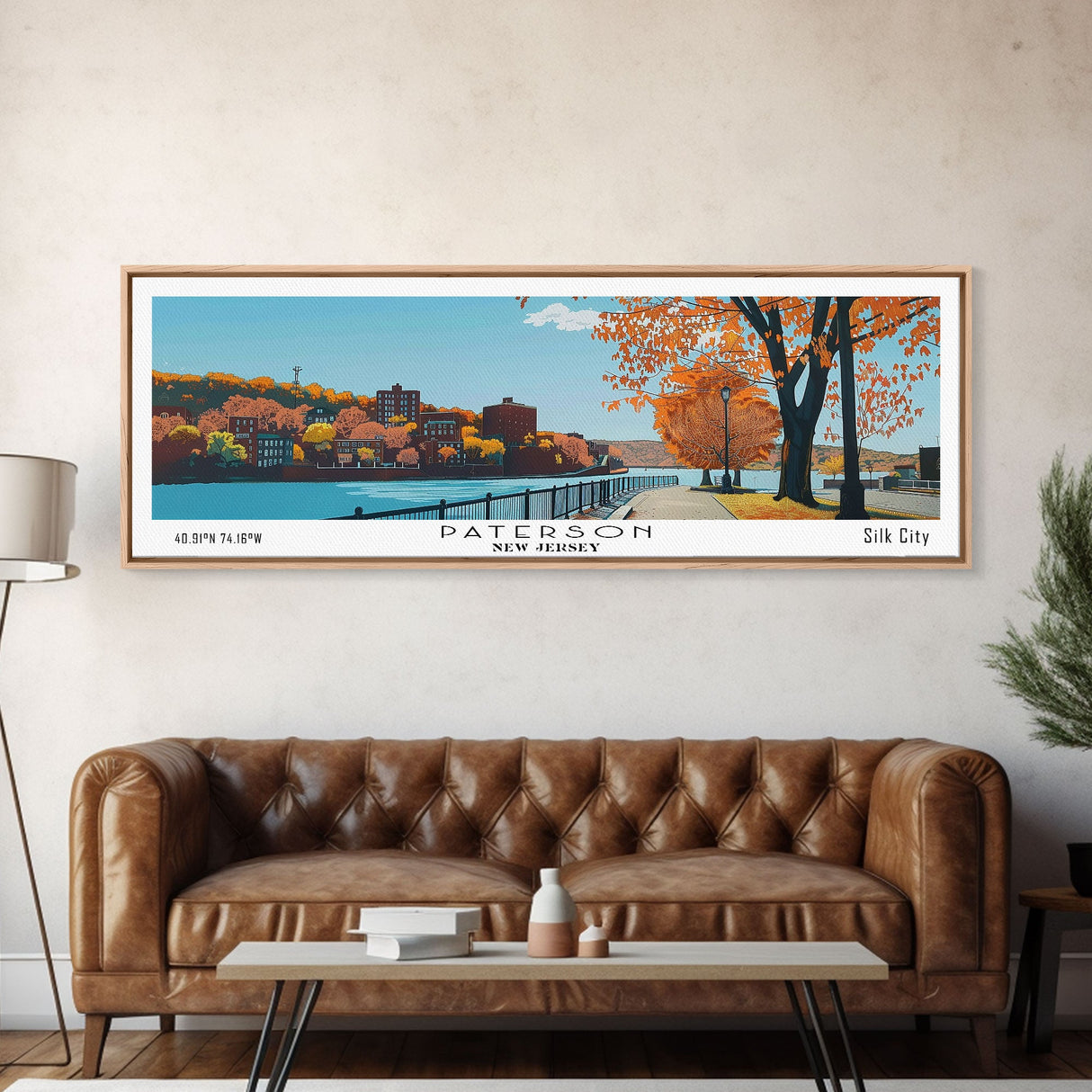 Paterson New Jersey Panoramic Wall Art, Mid Century Modern Framed Canvas Print, Retro Pop Art Travel Poster, City Art, Office Wall Decor, Living Room Art