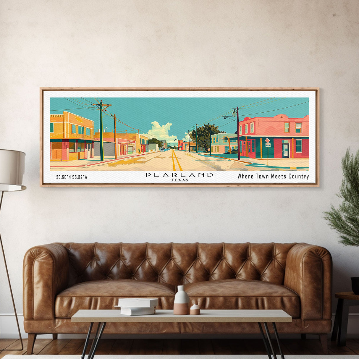 Pearland Texas Panoramic Painting, Mid Century Modern Framed Canvas Print, Retro Pop Art Travel Poster, City Art, Office Wall Decor, Living Room Art