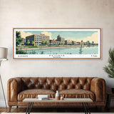 Peoria Illinois Panoramic Painting, Mid Century Modern Framed Canvas Print, Retro Pop Art Travel Poster, City Art, Office Wall Decor, Living Room Art