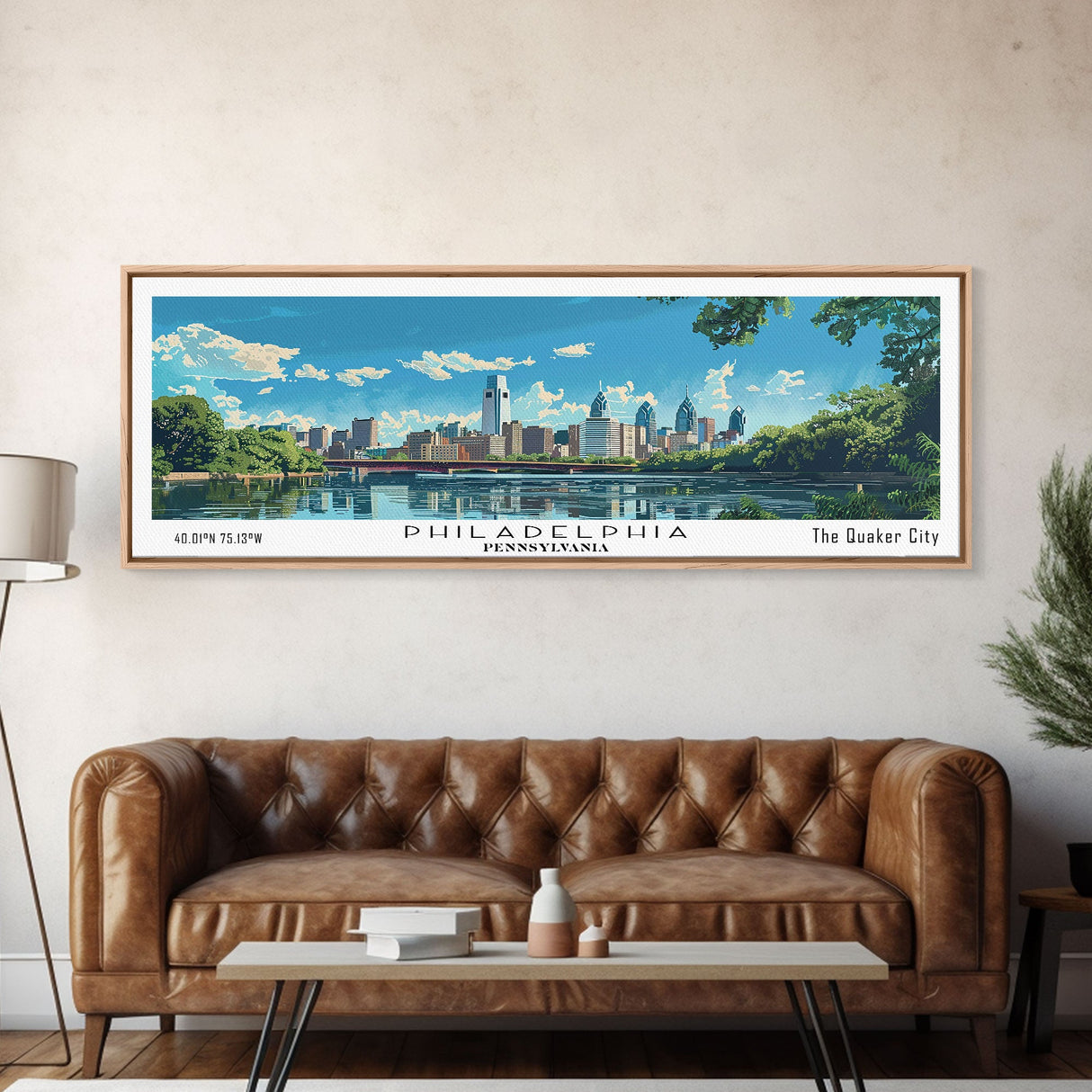 Philadelphia Pennsylvania Panoramic Painting, Mid Century Modern Framed Canvas Print, Retro Pop Art Travel Poster, City Art, Office Wall Decor, Living Room Art