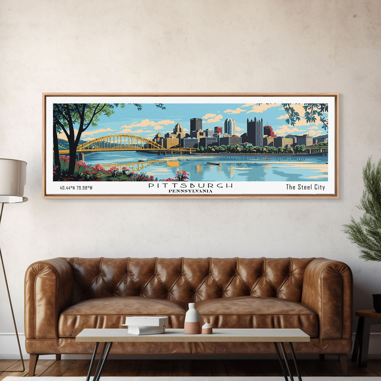 Pittsburgh Pennsylvania Panoramic Wall Art, Mid Century Modern Framed Canvas Print, Retro Pop Art Travel Poster, City Art, Office Wall Decor, Living Room Art