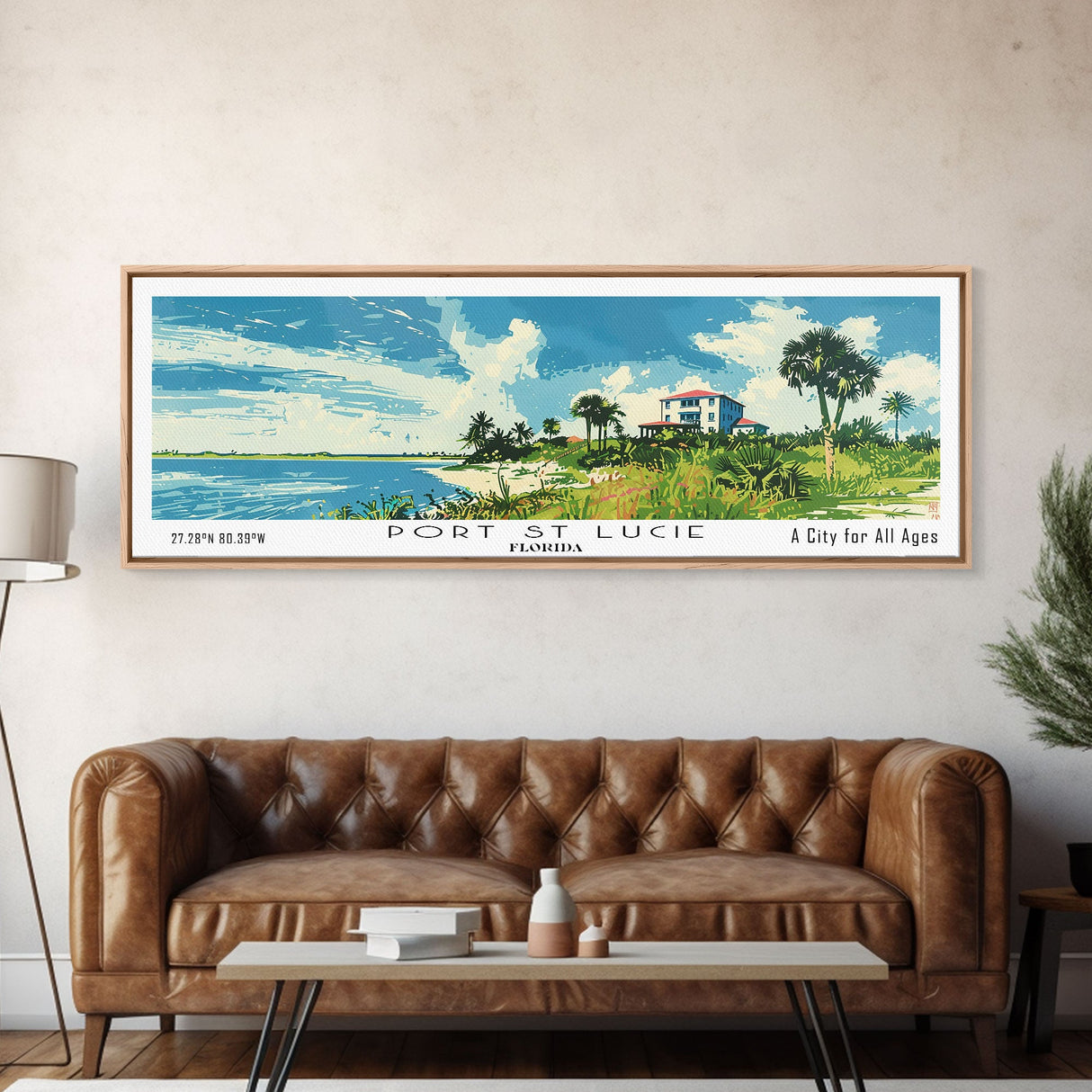 Port St. Lucie Florida Panoramic Painting, Mid Century Modern Framed Canvas Print, Retro Pop Art Travel Poster, City Art, Office Wall Decor, Living Room Art