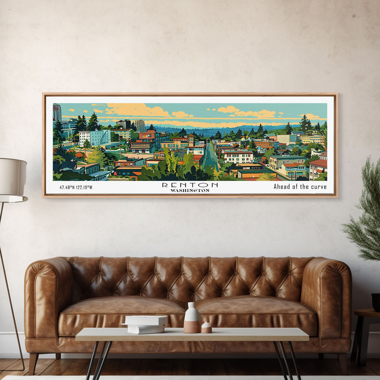 Renton Washington Panoramic Wall Art, Mid Century Modern Framed Canvas Print, Retro Pop Art Travel Poster, City Art, Office Wall Decor, Living Room Art