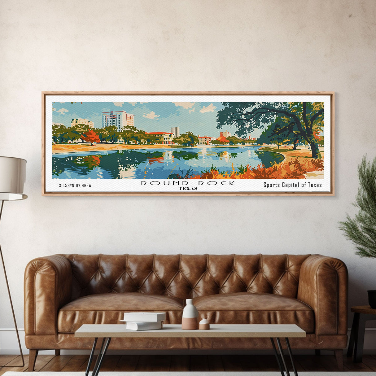 Round Rock Texas Panoramic Painting, Mid Century Modern Framed Canvas Print, Retro Pop Art Travel Poster, City Art, Office Wall Decor, Living Room Art