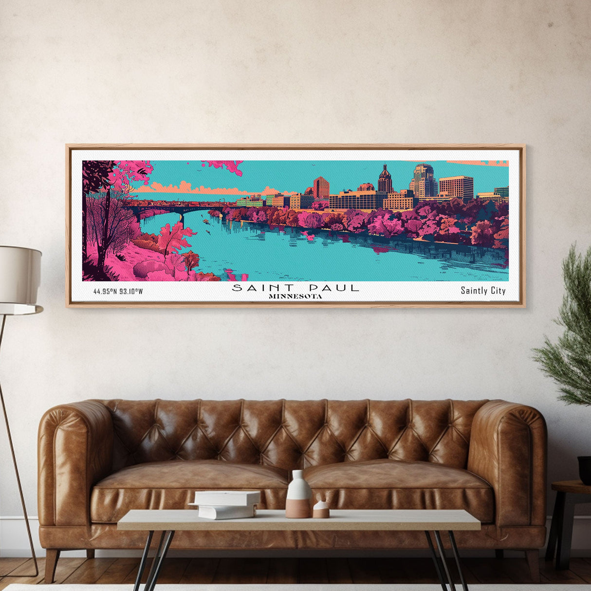 Saint Paul Minnesota Panoramic Painting, Mid Century Modern Framed Canvas Print, Retro Pop Art Travel Poster, City Art, Office Wall Decor, Living Room Art