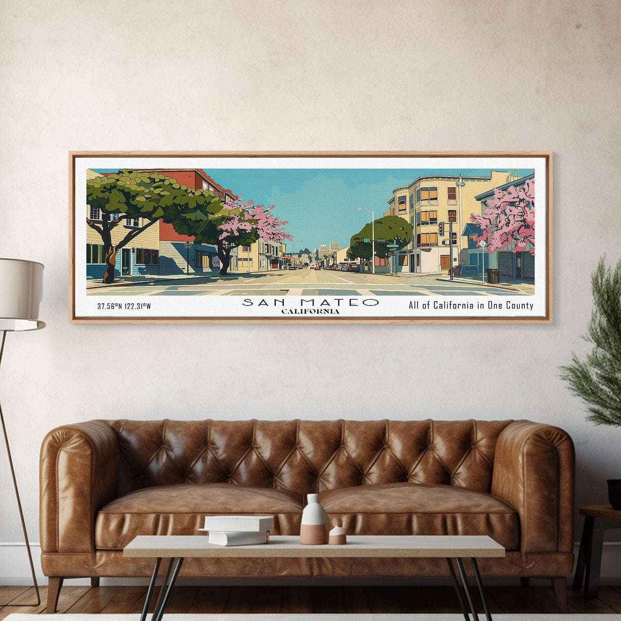 San Mateo California Panoramic Wall Art, Mid Century Modern Framed Canvas Print, Retro Pop Art Travel Poster, City Art, Office Wall Decor, Living Room Art