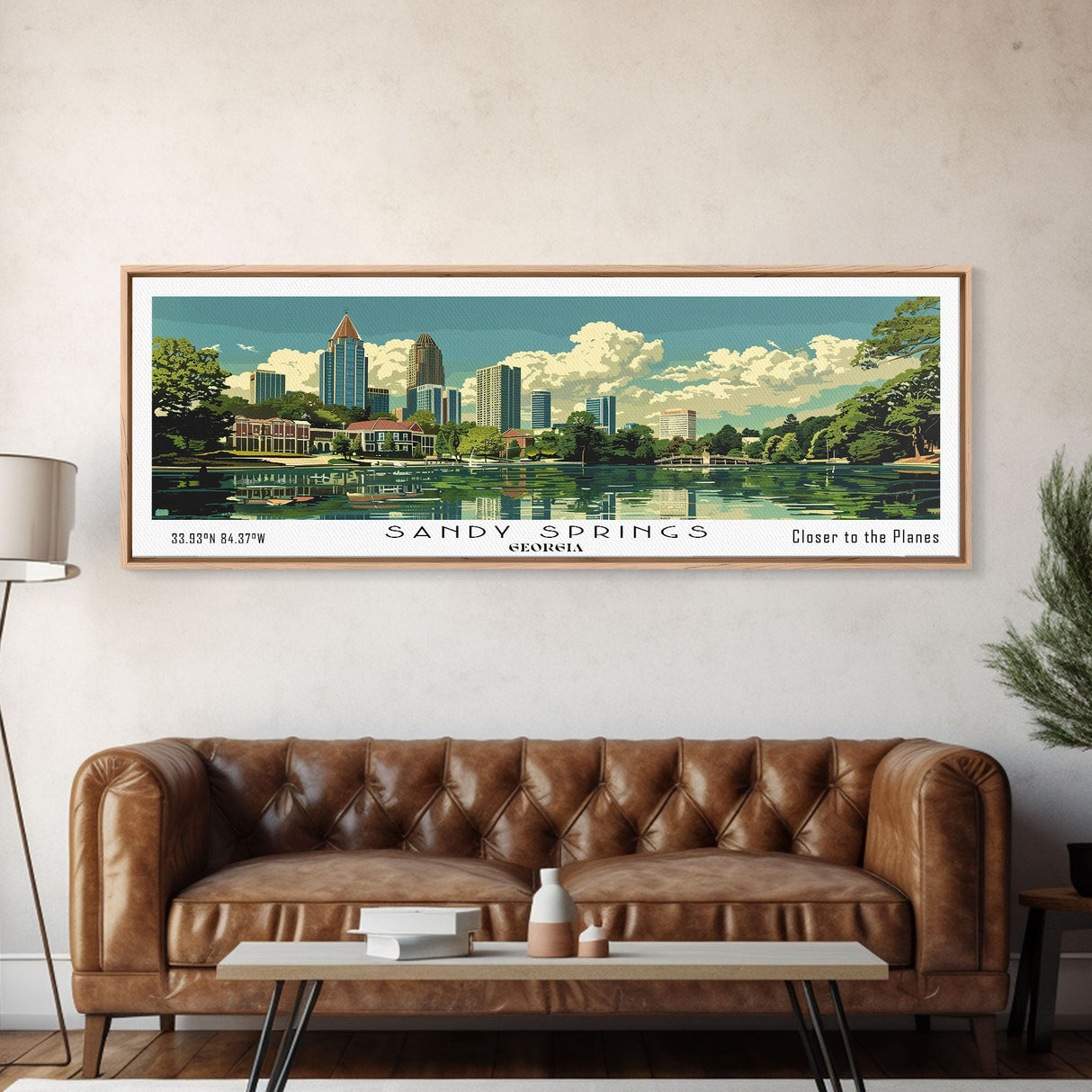 Sandy Springs Georgia Panoramic Painting, Mid Century Modern Framed Canvas Print, Retro Pop Art Travel Poster, City Art, Office Wall Decor, Living Room Art