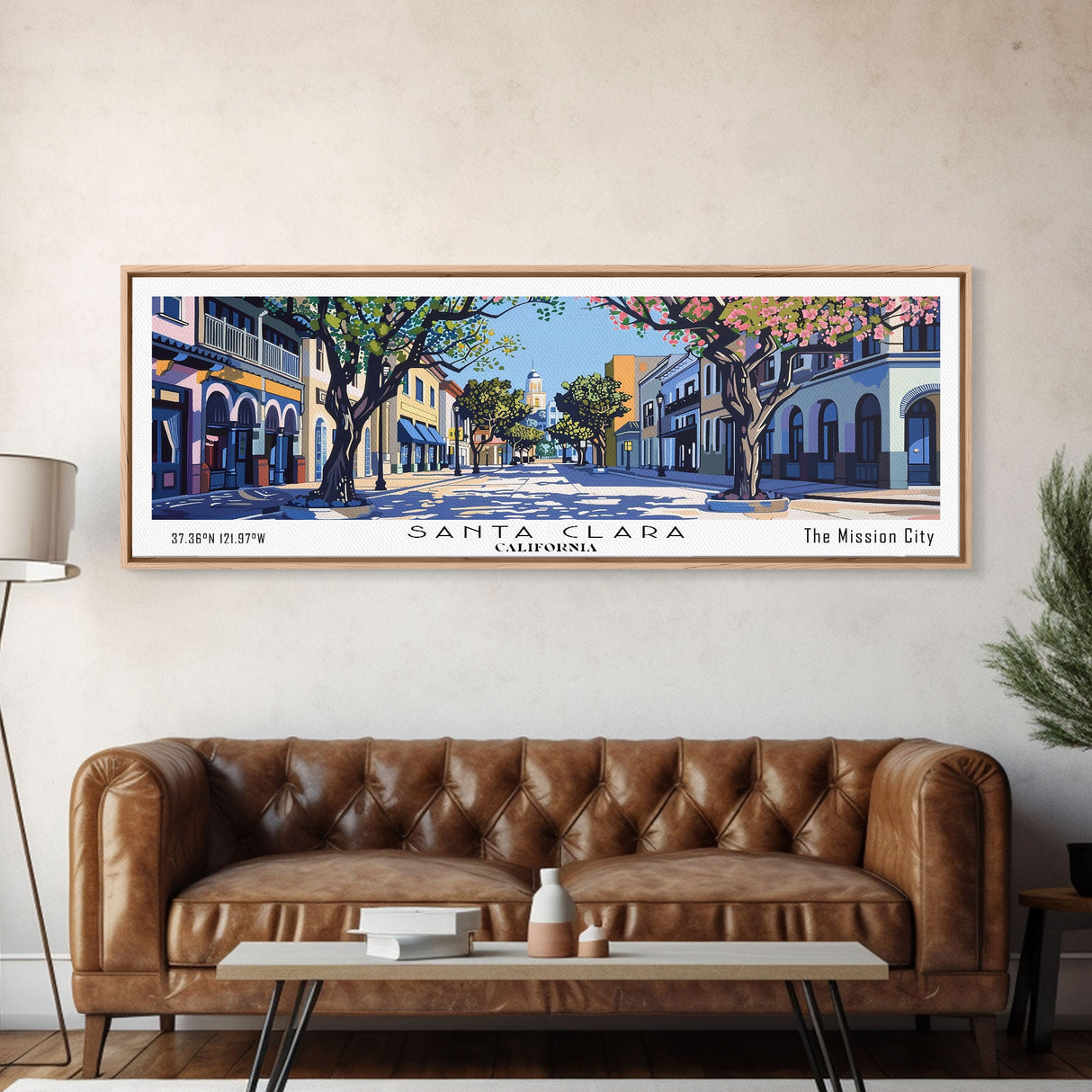 Santa Clara California Panoramic Wall Art, Mid Century Modern Framed Canvas Print, Retro Pop Art Travel Poster, City Art, Office Wall Decor, Living Room Art