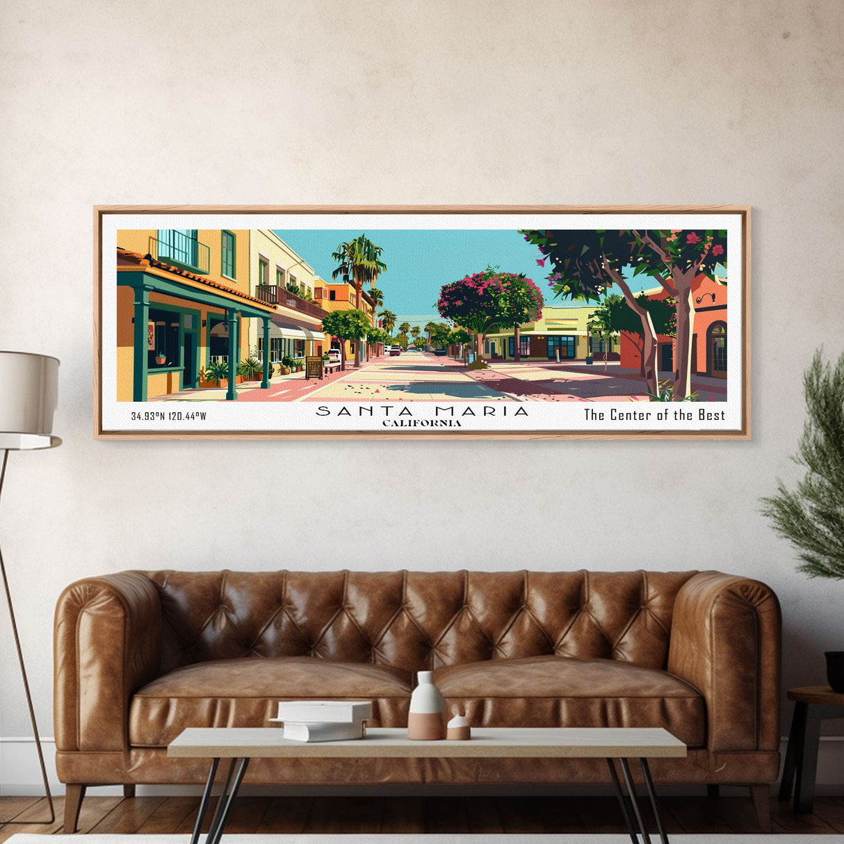 Santa Maria California Panoramic Painting, Mid Century Modern Framed Canvas Print, Retro Pop Art Travel Poster, Home and Office Wall Art Decor