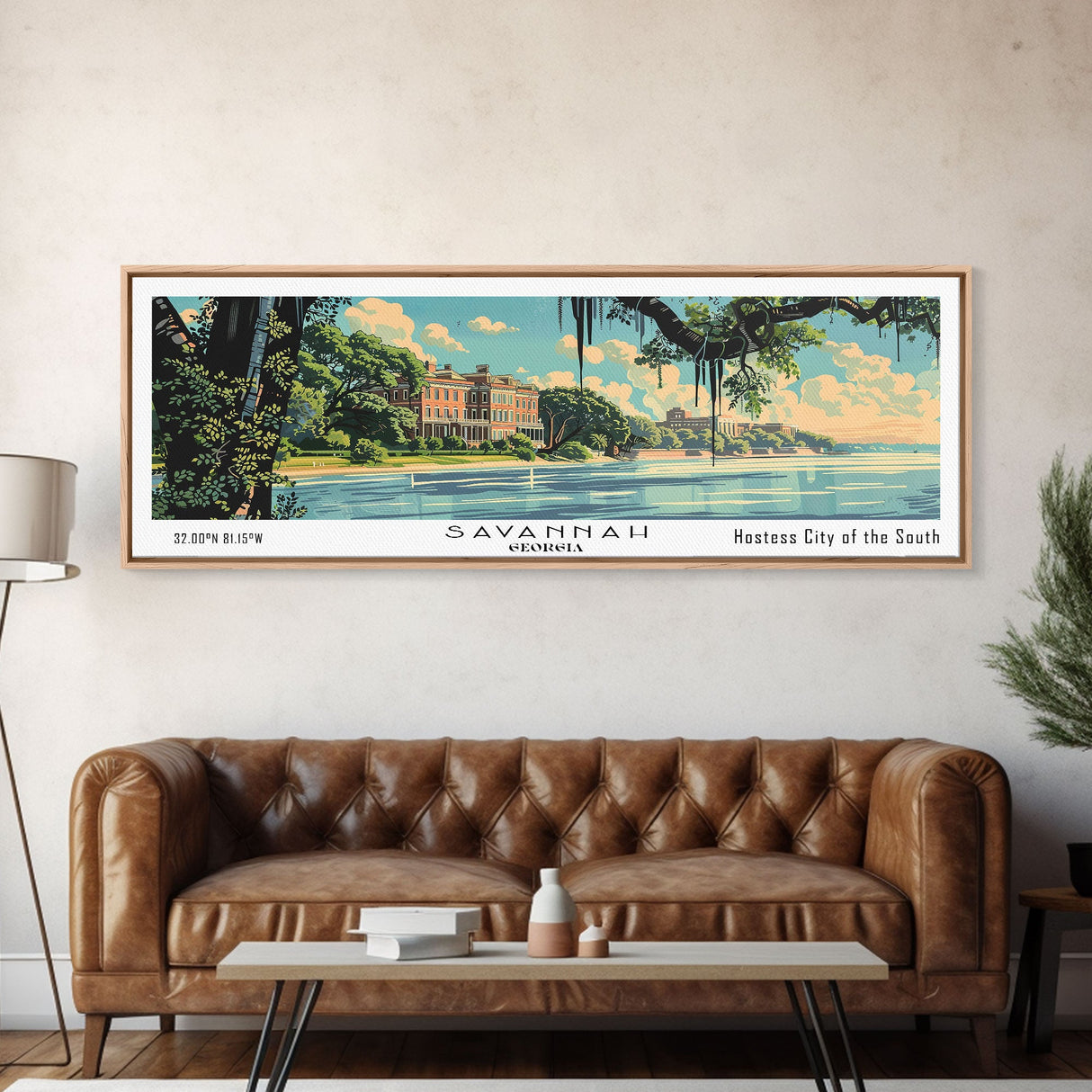 Savannah Georgia Panoramic Wall Art, Mid Century Modern Framed Canvas Print, Retro Pop Art Travel Poster, Living Room and Office Decor