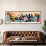 Seattle Washington Panoramic Art, Mid Century Modern Framed Canvas Print, Retro Pop Art Travel Poster, Office Wall Art, Home Decoration