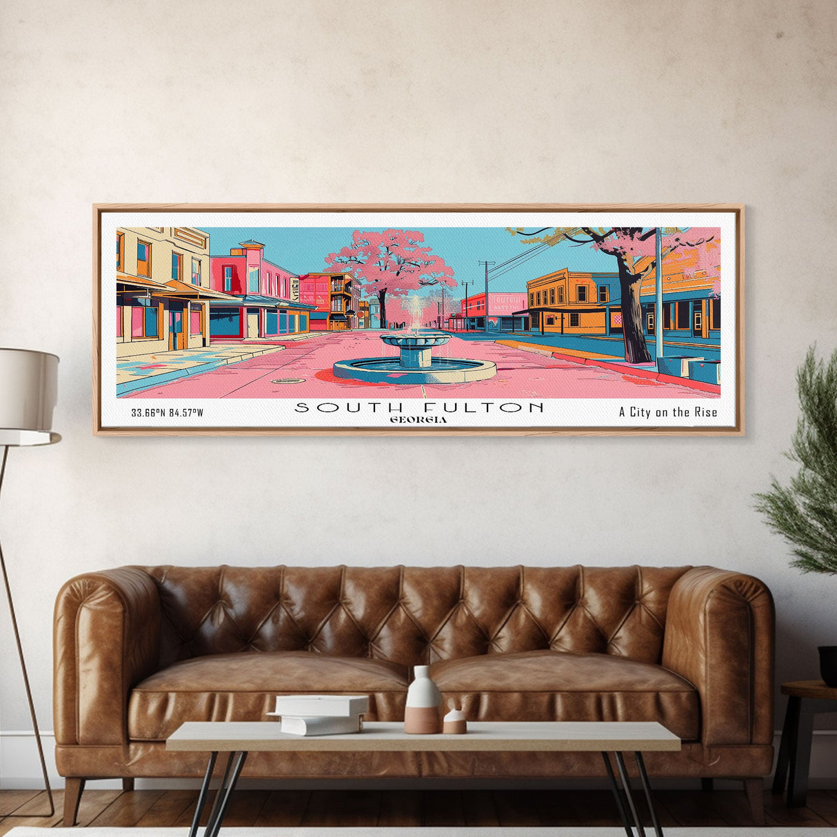 South Fulton Georgia Panoramic Painting, Mid Century Modern Framed Canvas Print, Retro Pop Art Travel Poster, Home and Office Wall Art Decor