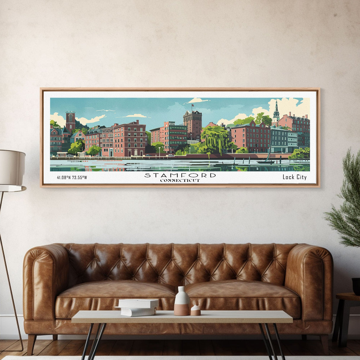 Stamford Connecticut Panoramic Wall Art, Mid Century Modern Framed Canvas Print, Retro Pop Art Travel Poster, Living Room and Office Decor