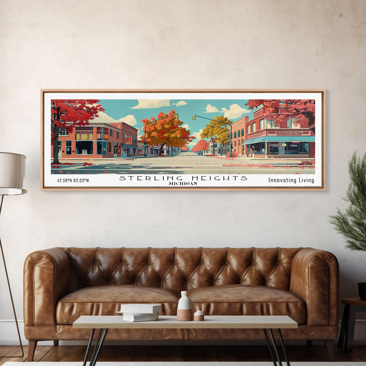 Sterling Heights Michigan Panoramic Art, Mid Century Modern Framed Canvas Print, Retro Pop Art Travel Poster, Office Wall Art, Home Decoration