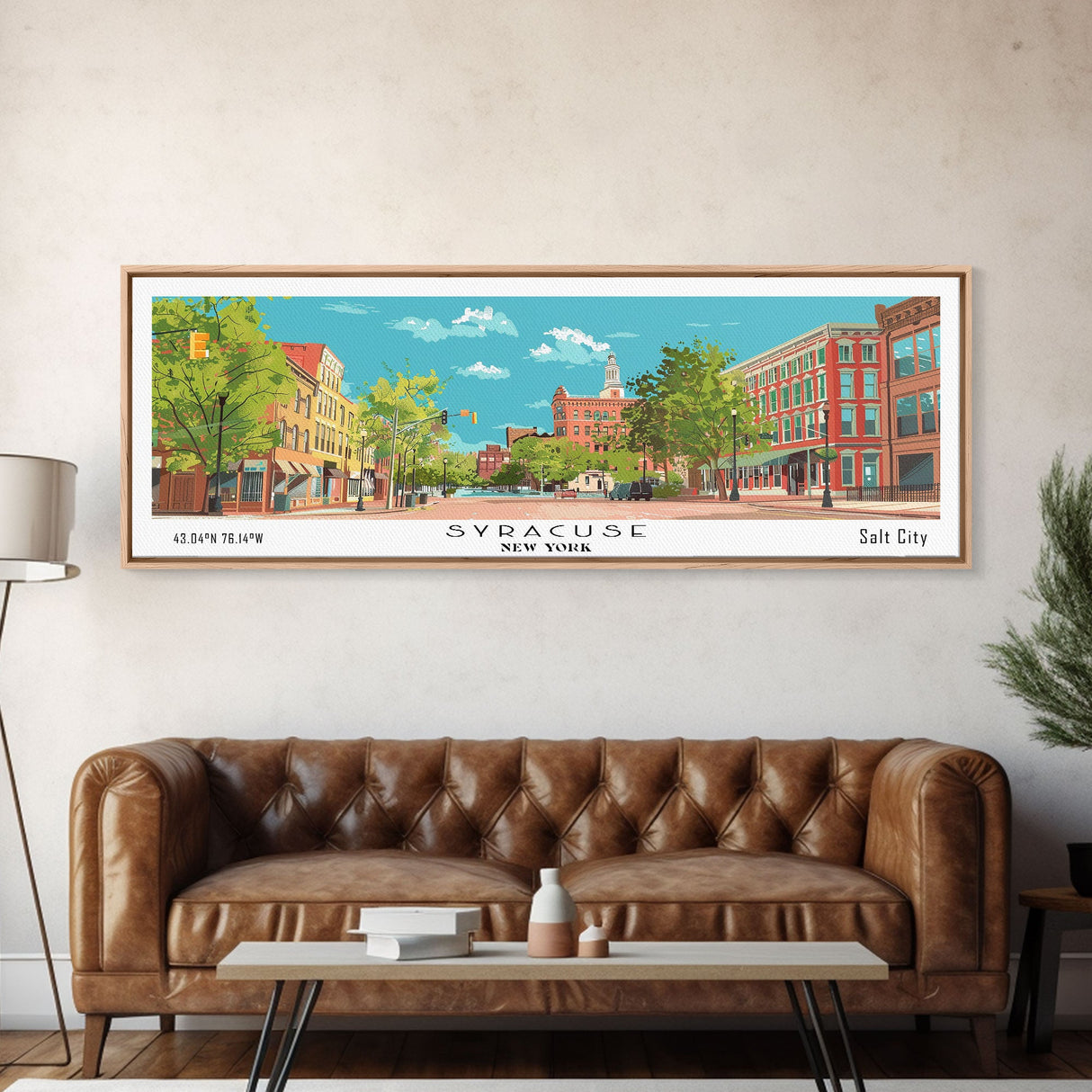 Syracuse New York Panoramic Painting, Mid Century Modern Framed Canvas Print, Retro Pop Art Travel Poster, Home and Office Wall Art Decor