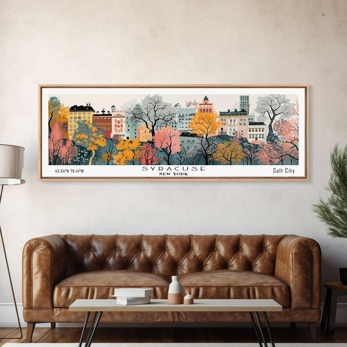 Syracuse New York Panoramic Wall Art, Mid Century Modern Framed Canvas Print, Retro Pop Art Travel Poster, Living Room and Office Decor