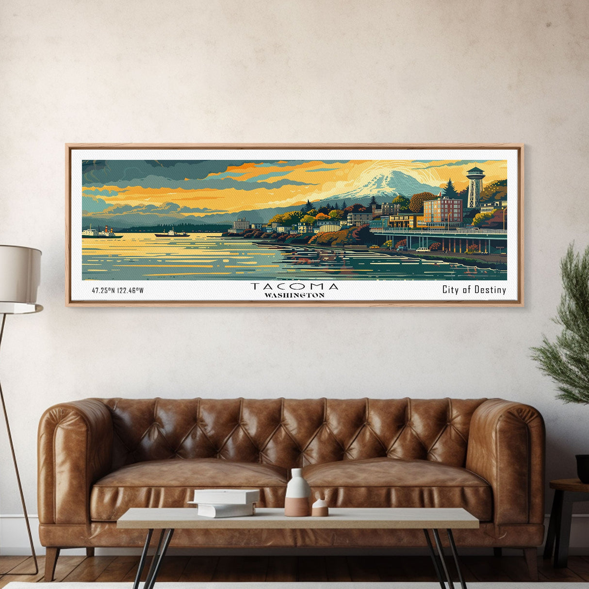 Tacoma Washington Panoramic Painting, Mid Century Modern Framed Canvas Print, Retro Pop Art Travel Poster, Wall Hanging for Home Decor