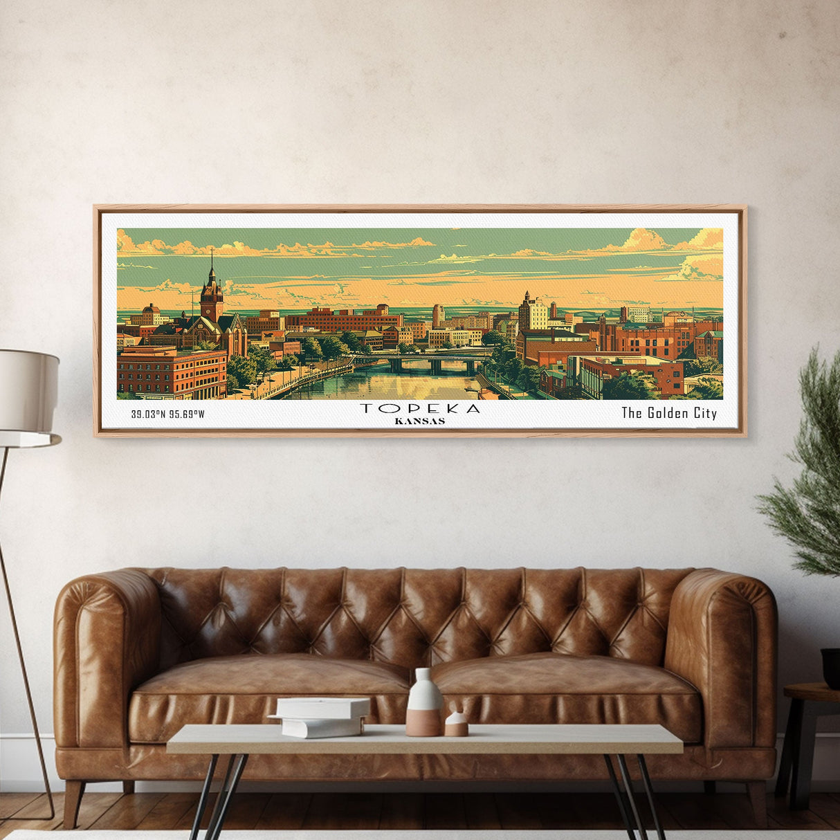 Topeka Kansas Panoramic Painting, Mid Century Modern Framed Canvas Print, Retro Pop Art Travel Poster, Home and Office Wall Art Decor