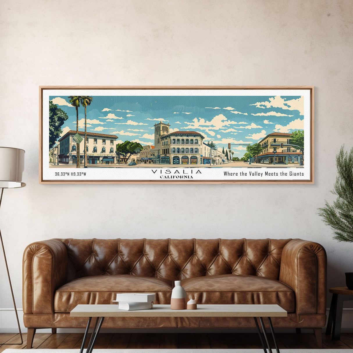 Visalia California Panoramic Art, Mid Century Modern Framed Canvas Print, Retro Pop Art Travel Poster, City Print, Living Room Wall Decor