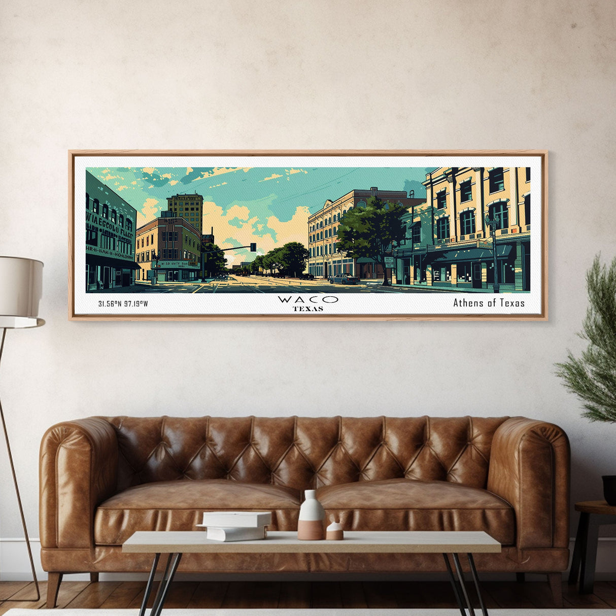 Waco Texas Panoramic Wall Art, Mid Century Modern Framed Canvas Print, Retro Pop Art Travel Poster, City Print, Living Room Decor