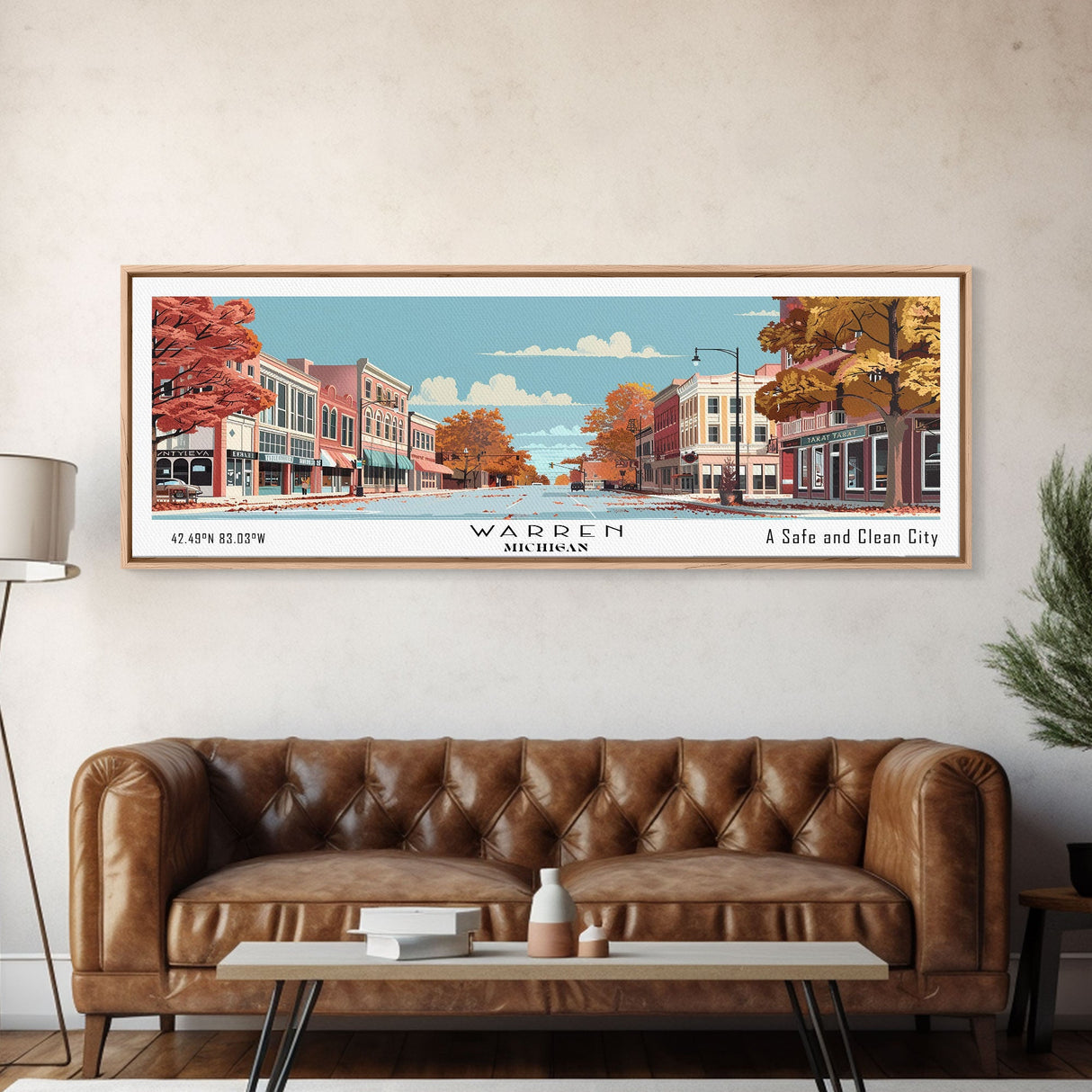 Warren Michigan Panoramic Painting, Mid Century Modern Framed Canvas Print, Retro Pop Art Travel Poster, Office Wall Art, Home Decoration