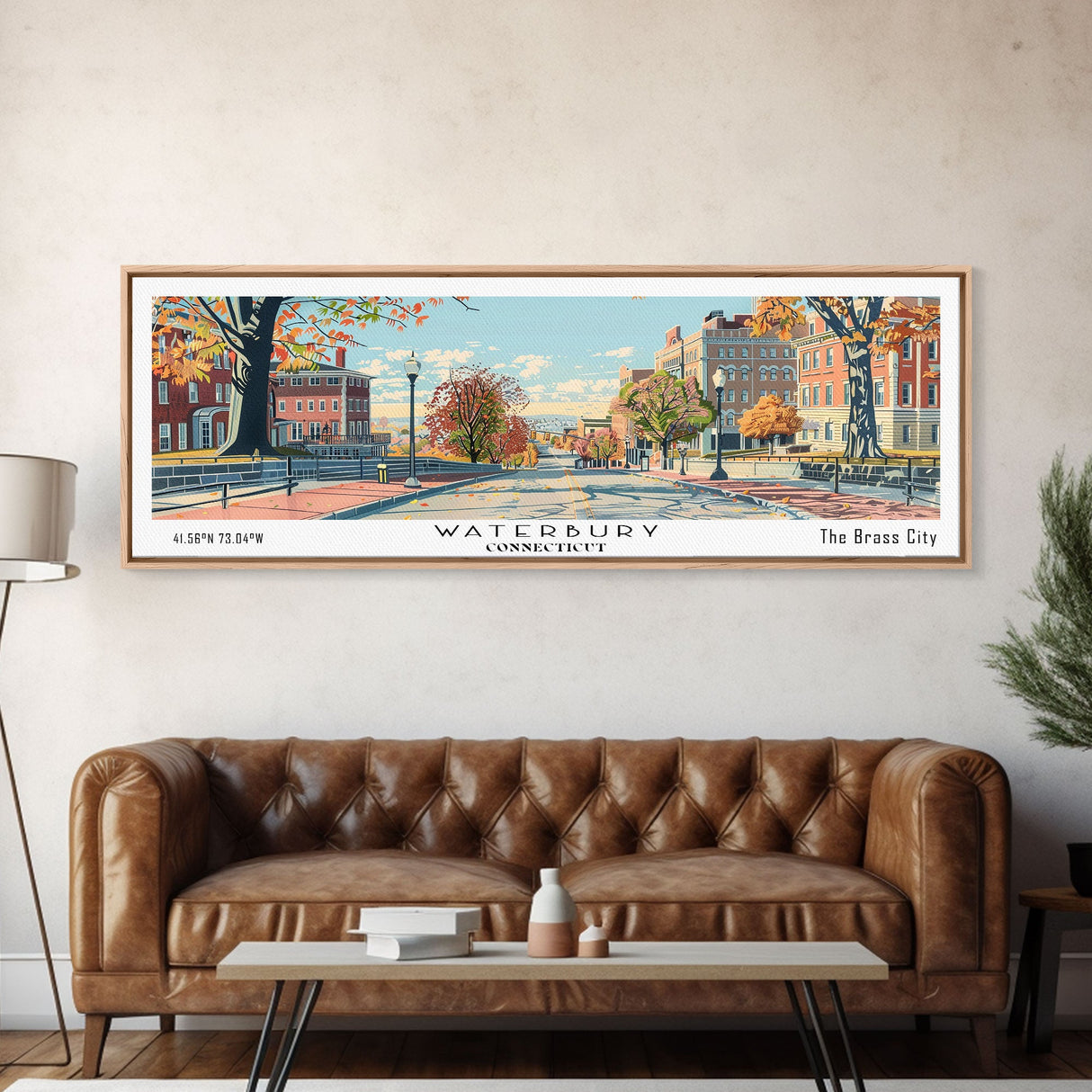 Waterbury Connecticut Panoramic Art, Mid Century Modern Framed Canvas Print, Retro Pop Art Travel Poster, City Print, Living Room Wall Decor