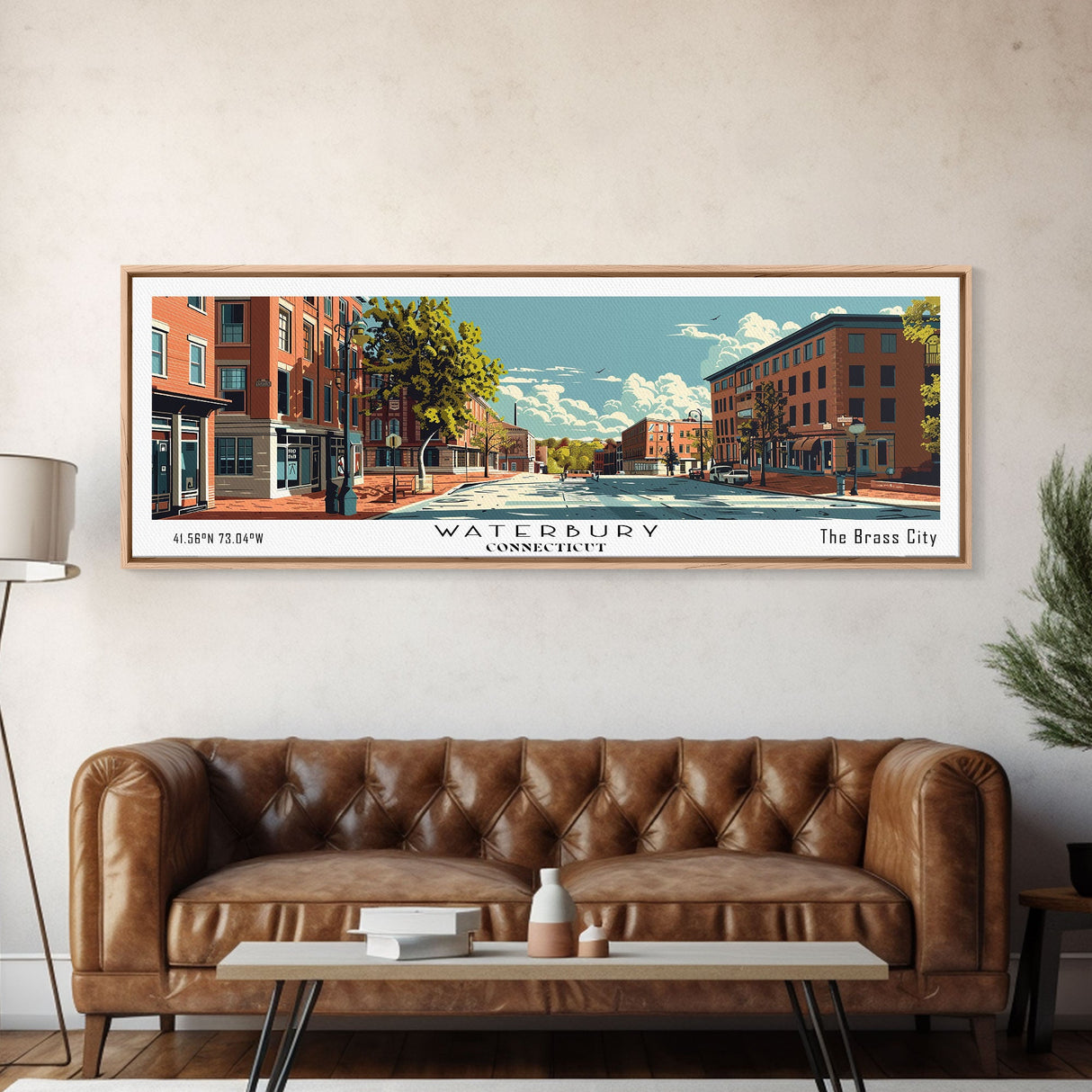 Waterbury Connecticut Panoramic Wall Art, Mid Century Modern Framed Canvas Print, Retro Pop Art Travel Poster, City Art, Home Decoration