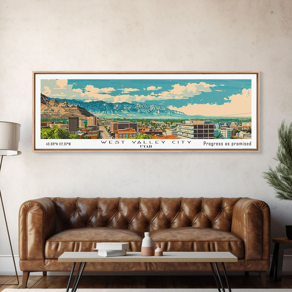 West Valley City Utah Panoramic Painting, Mid Century Modern Framed Canvas Print, Retro Pop Art Travel Poster, Office Wall Art, Home Decoration