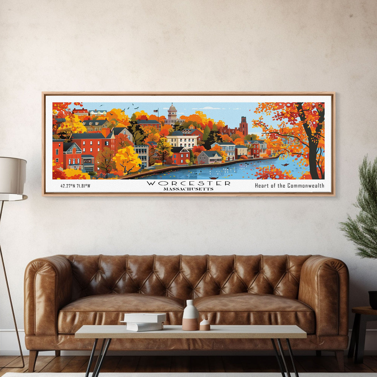 Worcester Massachusetts Panoramic Art, Mid Century Modern Framed Canvas Print, Retro Pop Art Travel Poster, City Print, Living Room Wall Decor