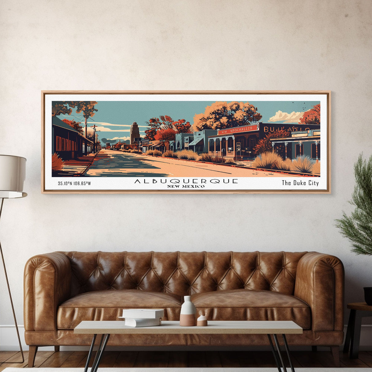 Albuquerque New Mexico Panoramic Painting, Framed Canvas Print, Mid Century Modern Wall Art, Retro Pop Art Travel Poster, Office Decor, City Art