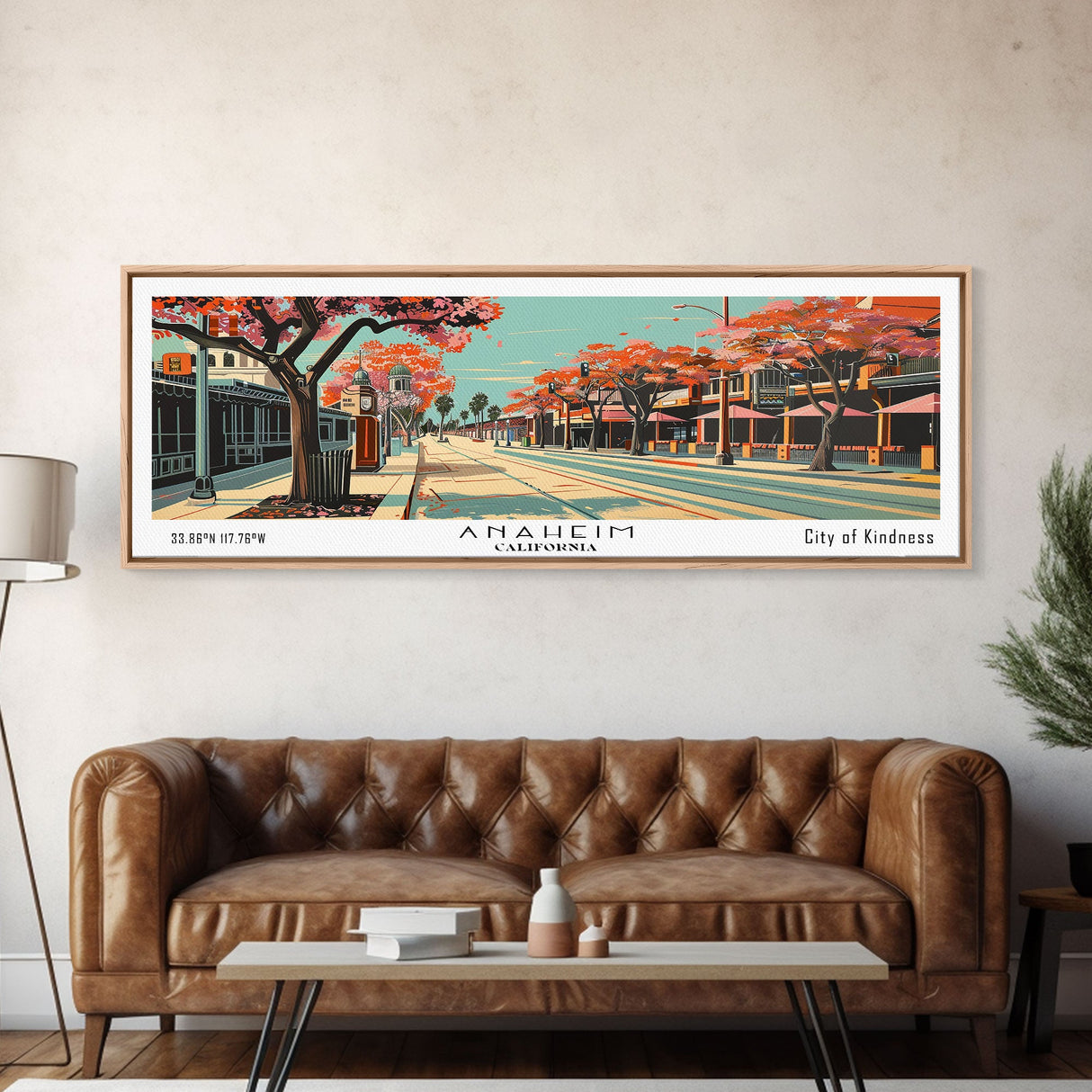 Anaheim California Panoramic Painting, Framed Canvas Print, Mid Century Modern Wall Art, Retro Pop Art Travel Poster, Office Decor, City Art