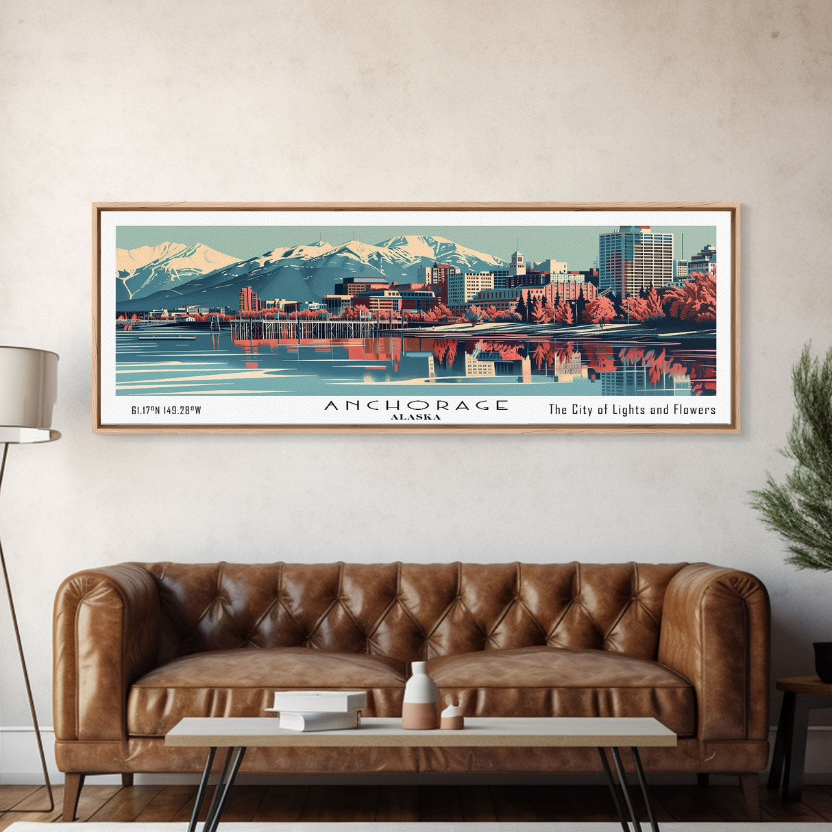 Anchorage Alabama Panoramic Painting, Framed Canvas Print, Mid Century Modern Wall Art, Retro Pop Art Travel Poster, Living Room Decor, City Art