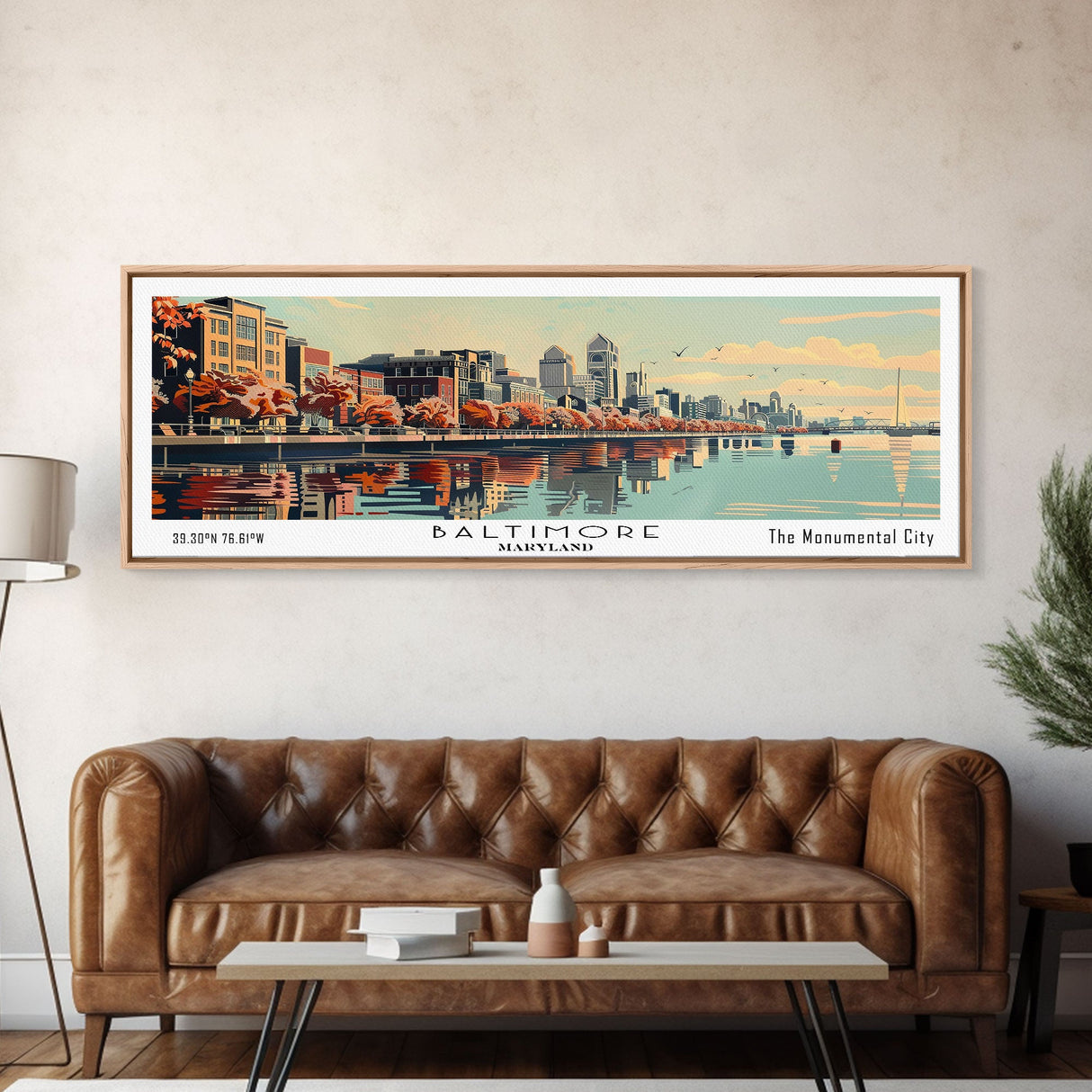 Baltimore Maryland Panoramic Painting, Framed Canvas Print, Mid Century Modern Wall Art, Retro Pop Art Travel Poster, Office Decor, City Art