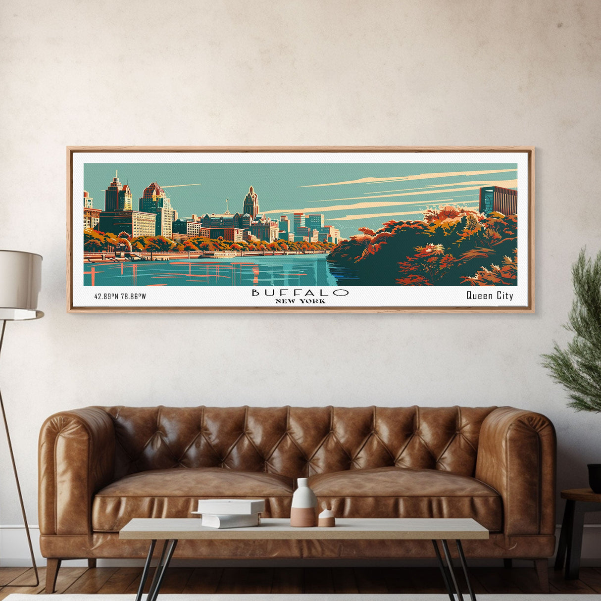 Buffalo New York Panoramic Painting, Framed Canvas Print, Mid Century Modern Wall Art, Retro Pop Art Travel Poster, Office Decor, City Art