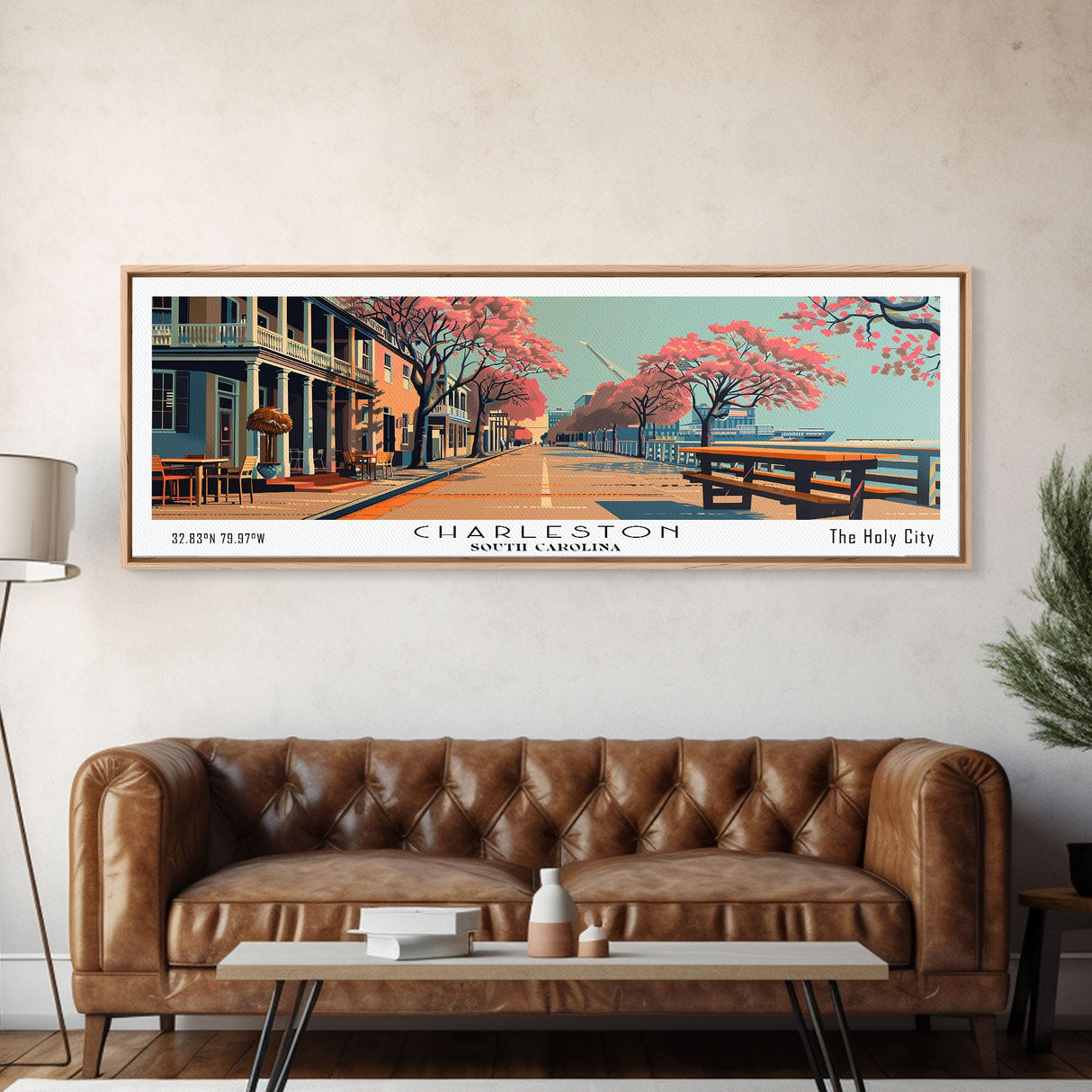 Charleston South Carolina Panoramic Painting, Framed Canvas Print, Mid Century Modern Wall Art, Retro Pop Art Travel Poster, Home Decor, City Art