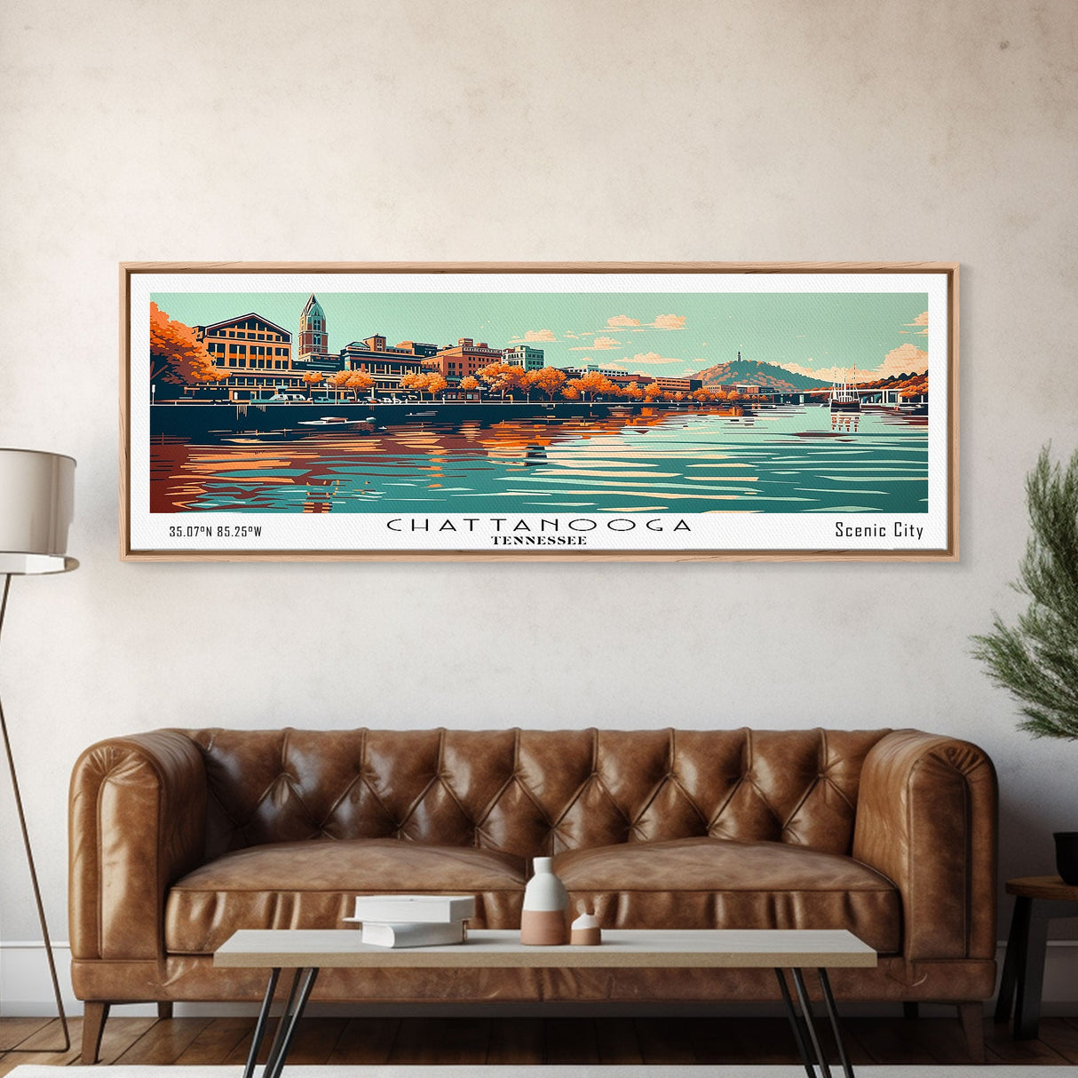 Chattanooga Tennessee Panoramic Painting, Framed Canvas Print, Mid Century Modern Wall Art, Retro Pop Art Travel Poster, Office Decor, City Art