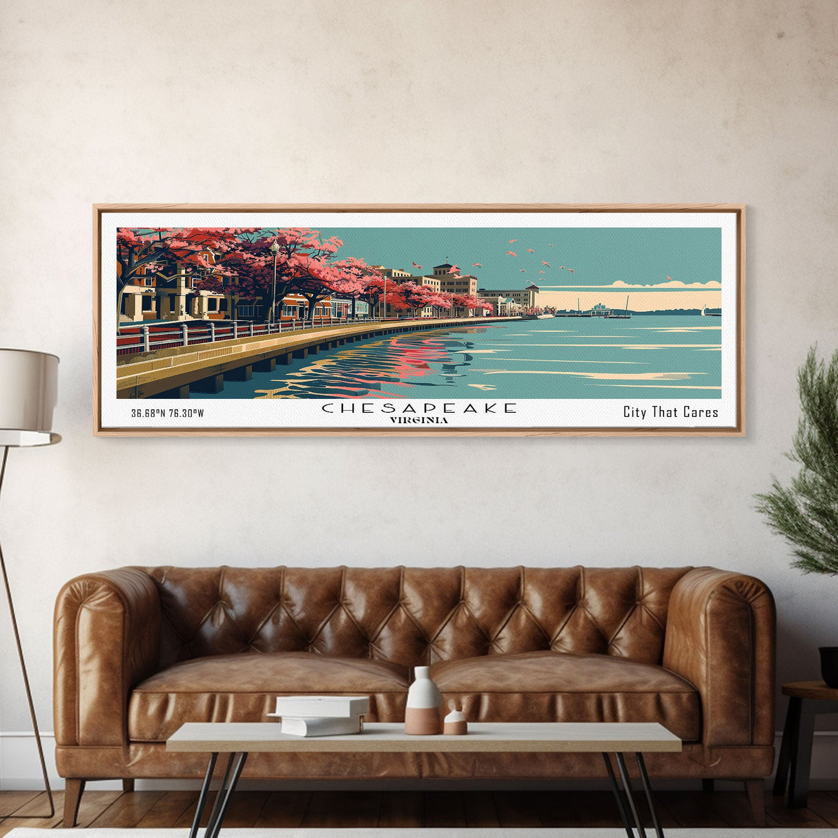 Chesapeake Virginia Panoramic Painting, Framed Canvas Print, Mid Century Modern Wall Art, Retro Pop Art Travel Poster, Living Room Decor, City Art