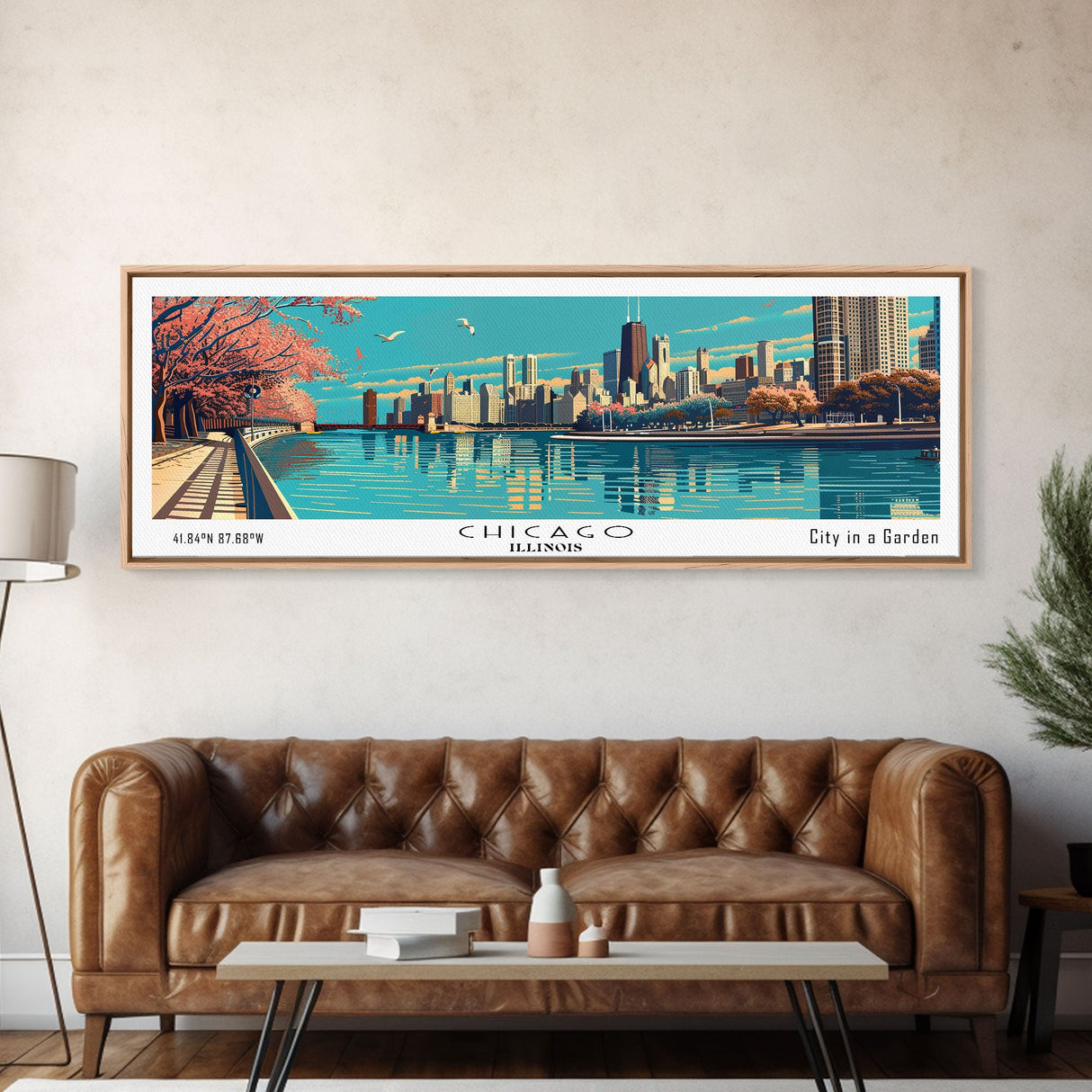 Chicago Illinois Panoramic Painting, Framed Canvas Print, Mid Century Modern Wall Art, Retro Pop Art Travel Poster, Office Decor, City Art