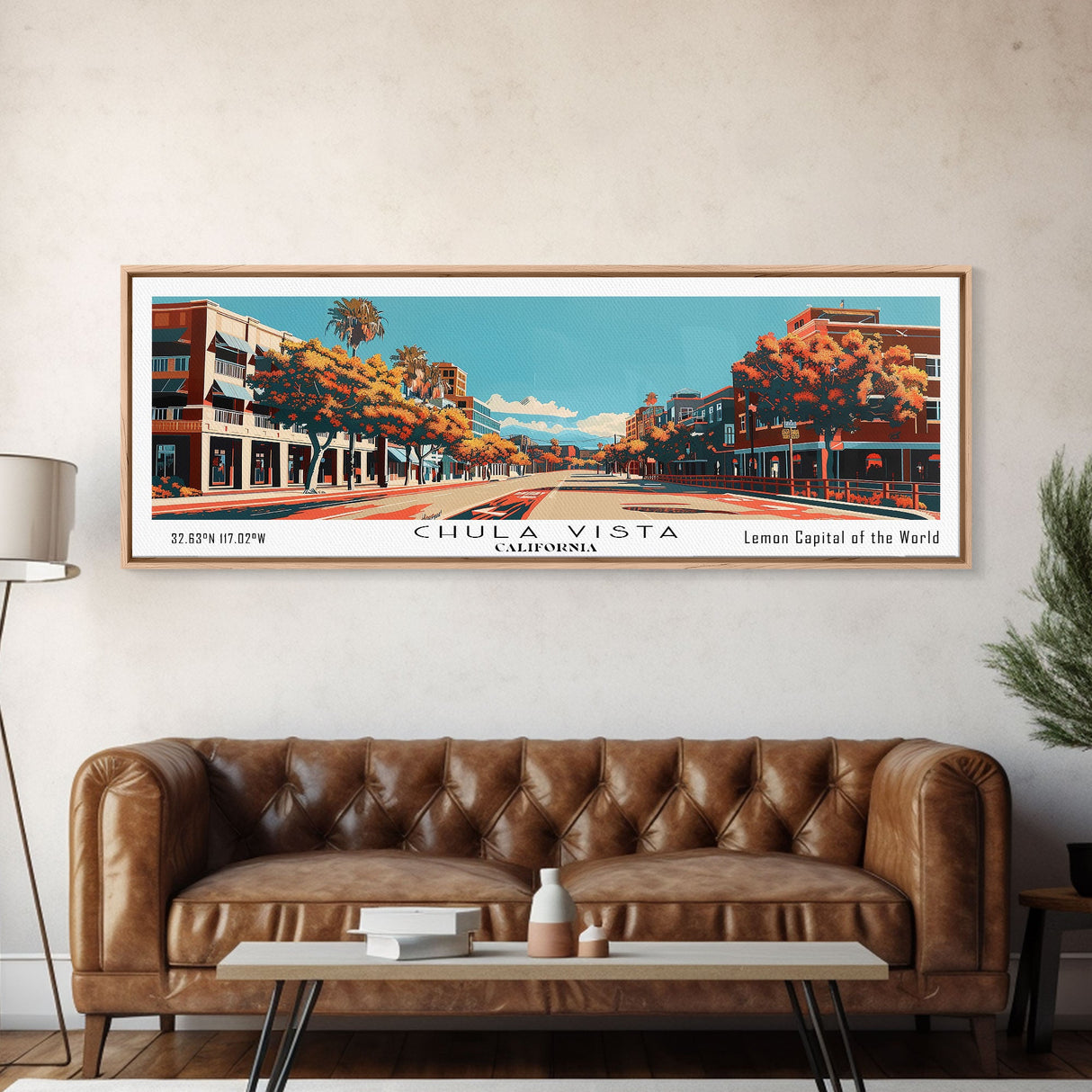 Chula Vista California Panoramic Painting, Framed Canvas Print, Mid Century Modern Wall Art, Retro Pop Art Travel Poster, Home Decor, City Art