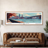 Cleveland Ohio Panoramic Painting, Framed Canvas Print, Mid Century Modern Wall Art, Retro Pop Art Travel Poster, Living Room Decor, City Art