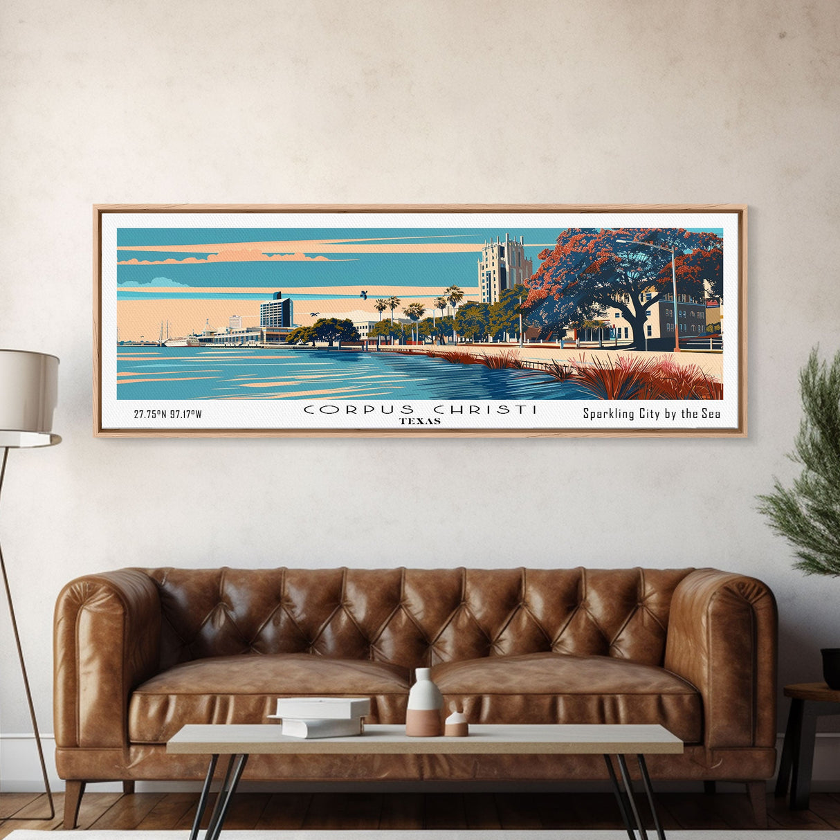 Corpus Christi Texas Panoramic Painting, Framed Canvas Print, Mid Century Modern Wall Art, Retro Pop Art Travel Poster, Office Decor, City Art