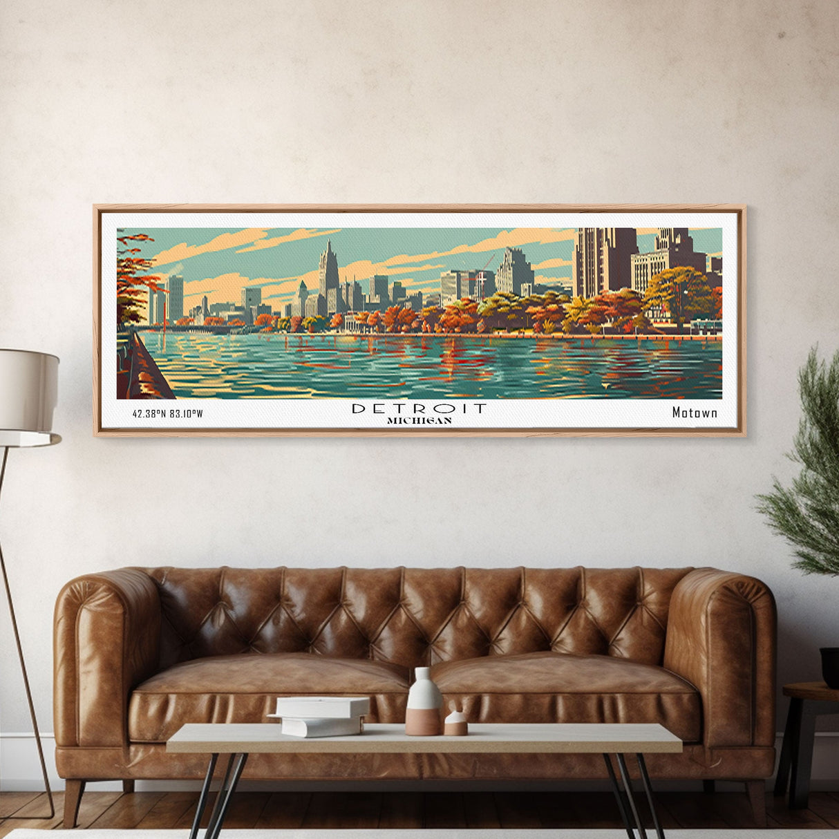 Detroit Michigan Panoramic Painting, Framed Canvas Print, Mid Century Modern Wall Art, Retro Pop Art Travel Poster, Office Decor, City Art