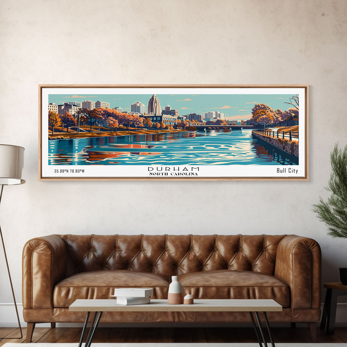 Durham North Carolina Panoramic Painting, Framed Canvas Print, Mid Century Modern Wall Art, Retro Pop Art Travel Poster, Home Decor, City Art