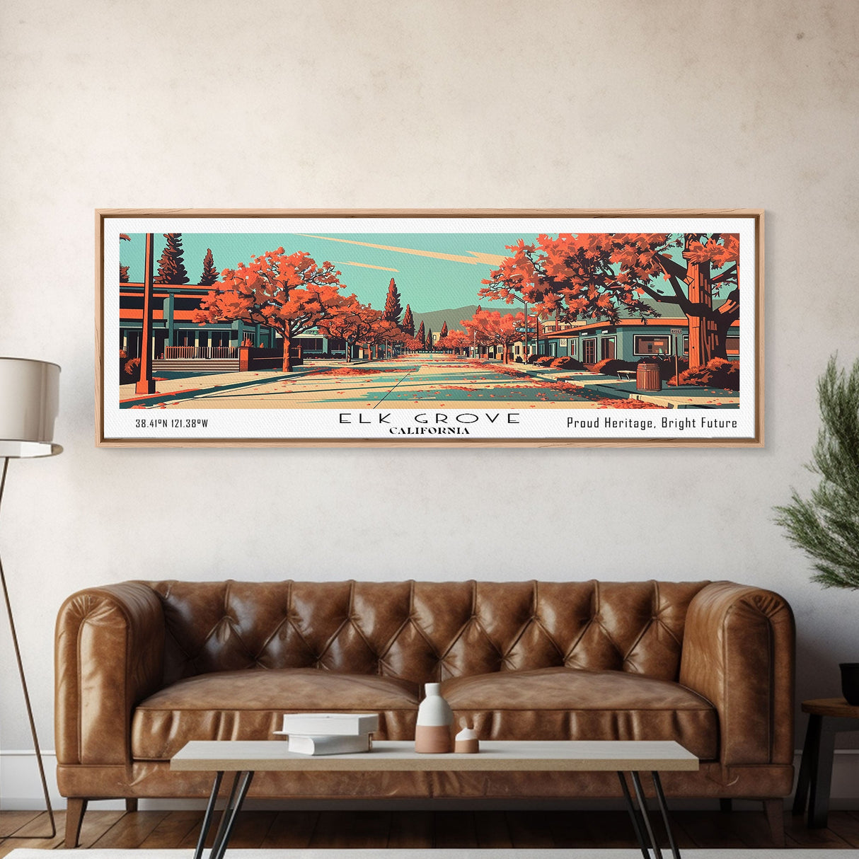 Elk Grove California Panoramic Painting, Framed Canvas Print, Mid Century Modern Wall Art, Retro Pop Art Travel Poster, Office Decor, City Art