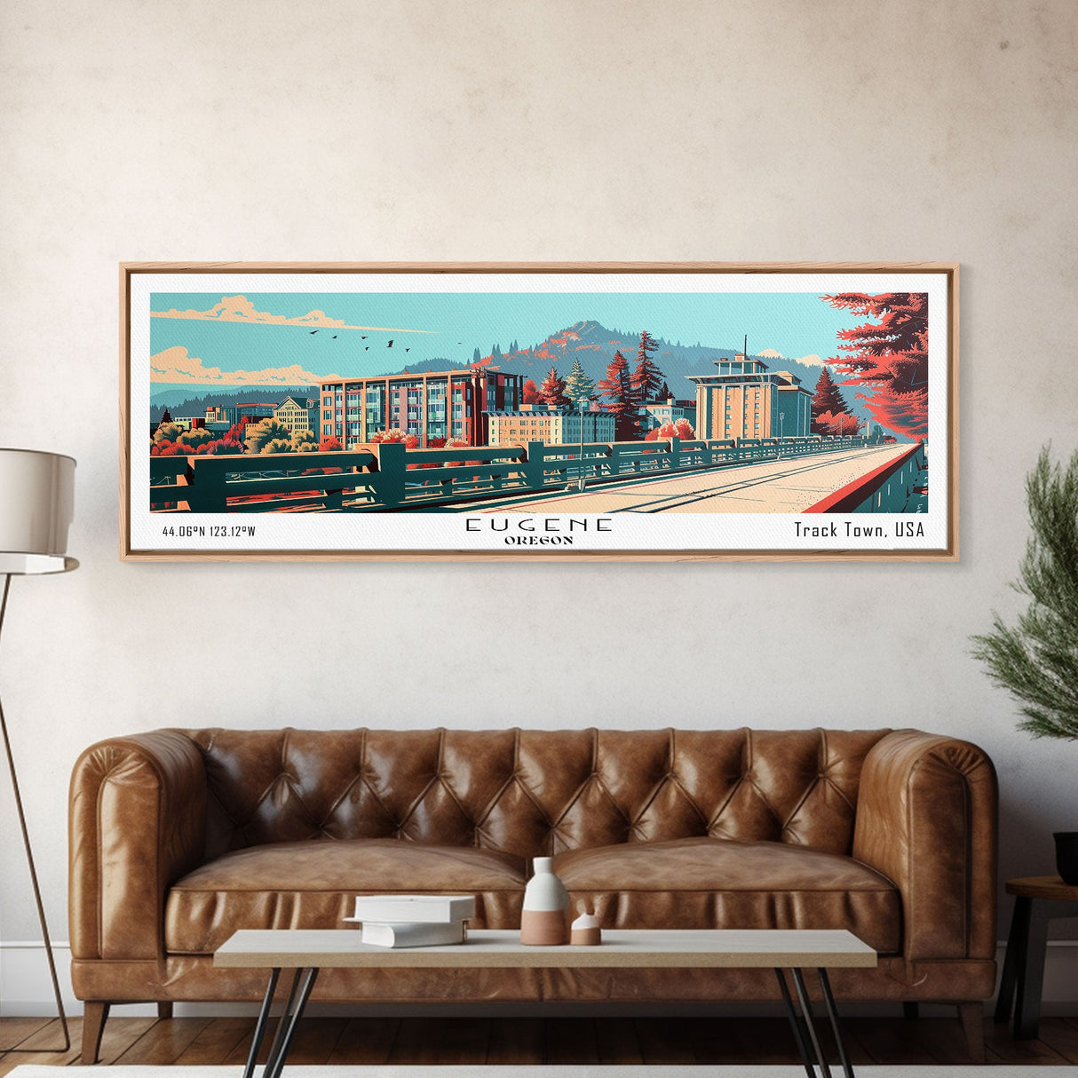 Eugene Oregon Panoramic Painting, Framed Canvas Print, Mid Century Modern Wall Art, Retro Pop Art Travel Poster, Office Decor, City Art