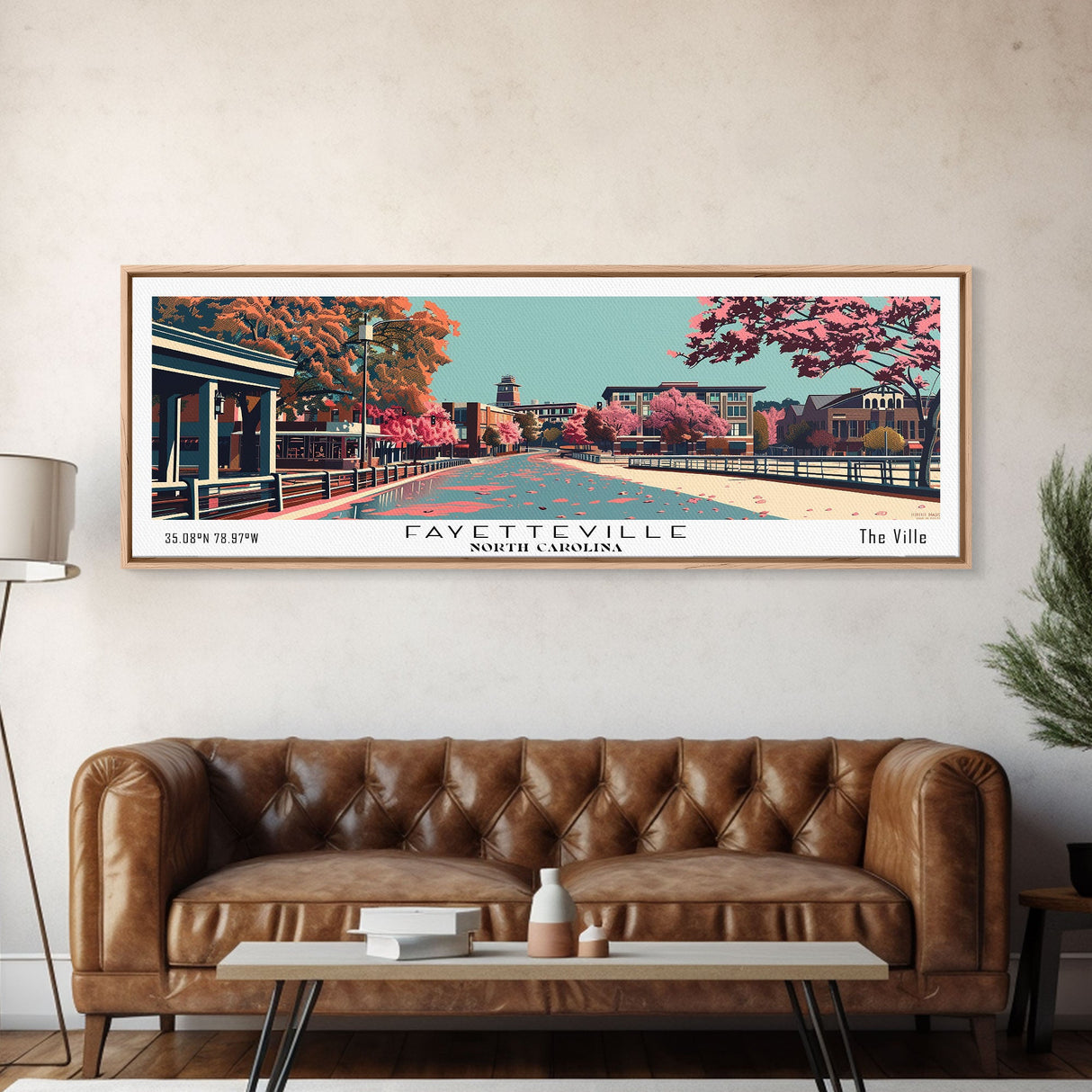 Fayetteville North Carolina Panoramic Painting, Framed Canvas Print, Mid Century Modern Wall Art, Retro Pop Art Travel Poster, Home Decor, City Art