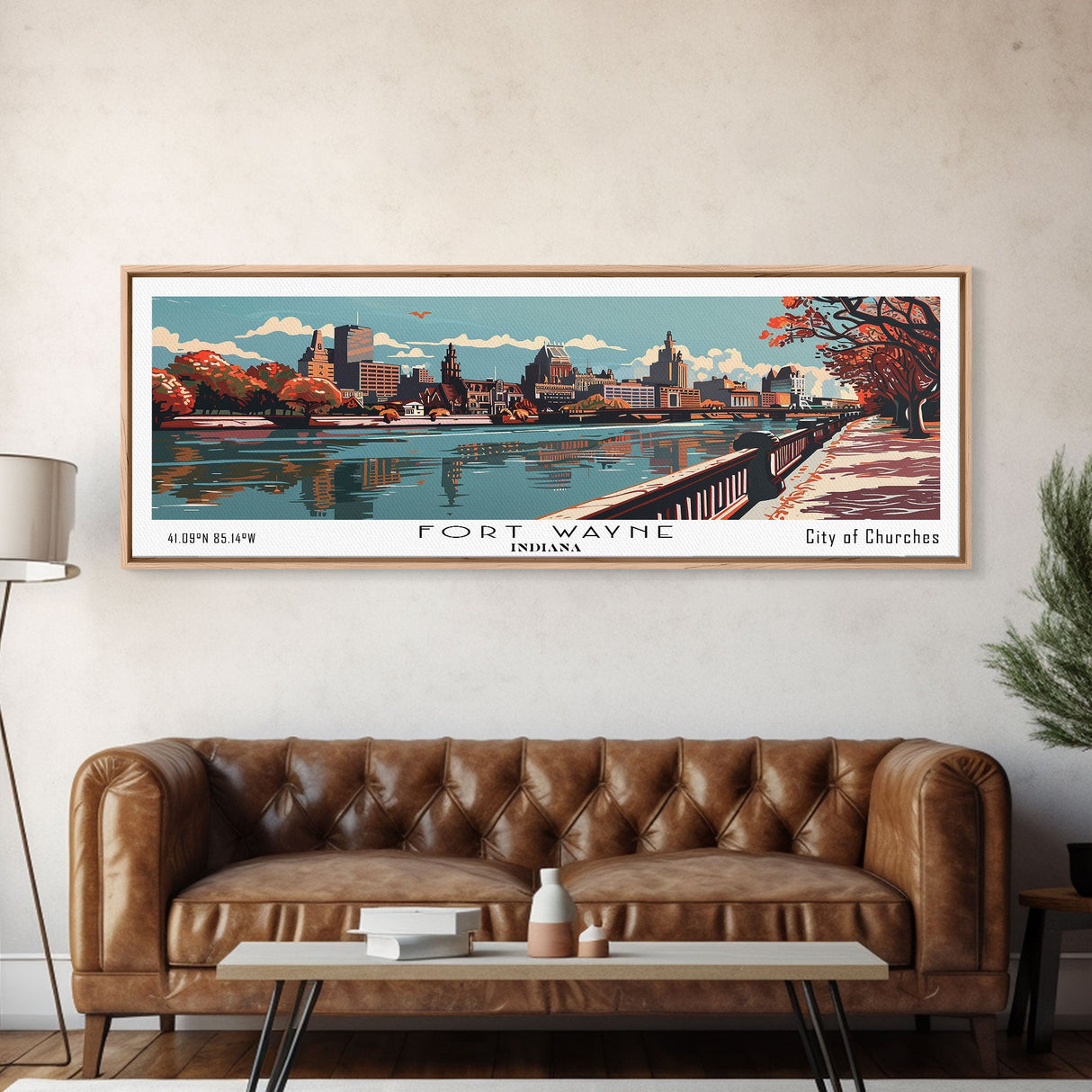 Fort Wayne Indiana Panoramic Painting, Framed Canvas Print, Mid Century Modern Wall Art, Retro Pop Art Travel Poster, Office Decor, City Art