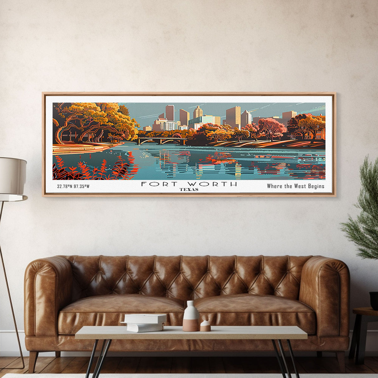 Fort Worth Texas Panoramic Painting, Framed Canvas Print, Mid Century Modern Wall Art, Retro Pop Art Travel Poster, Home Decor, City Art