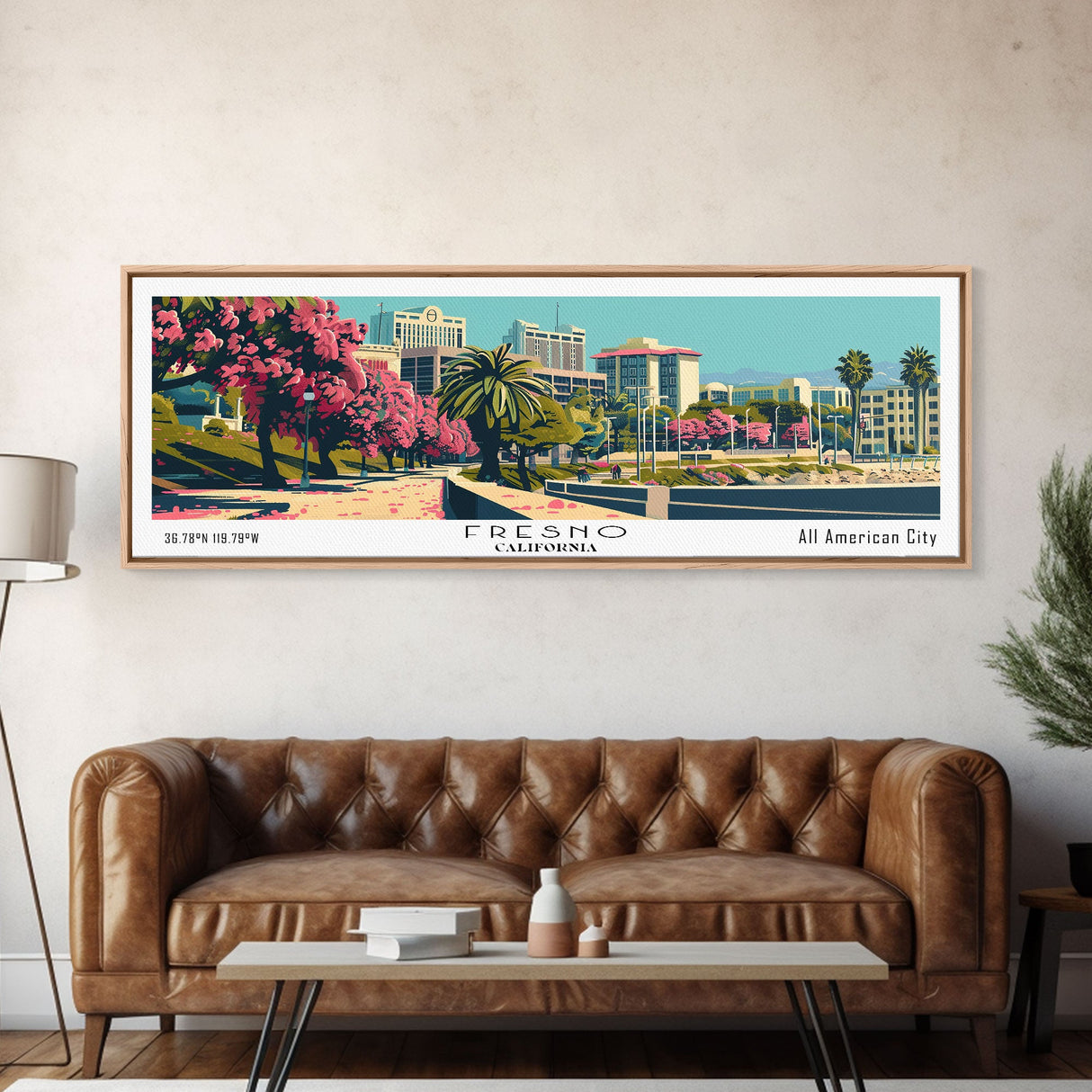 Fresno California Panoramic Painting, Framed Canvas Print, Mid Century Modern Wall Art, Retro Pop Art Travel Poster, Living Room Decor, City Art